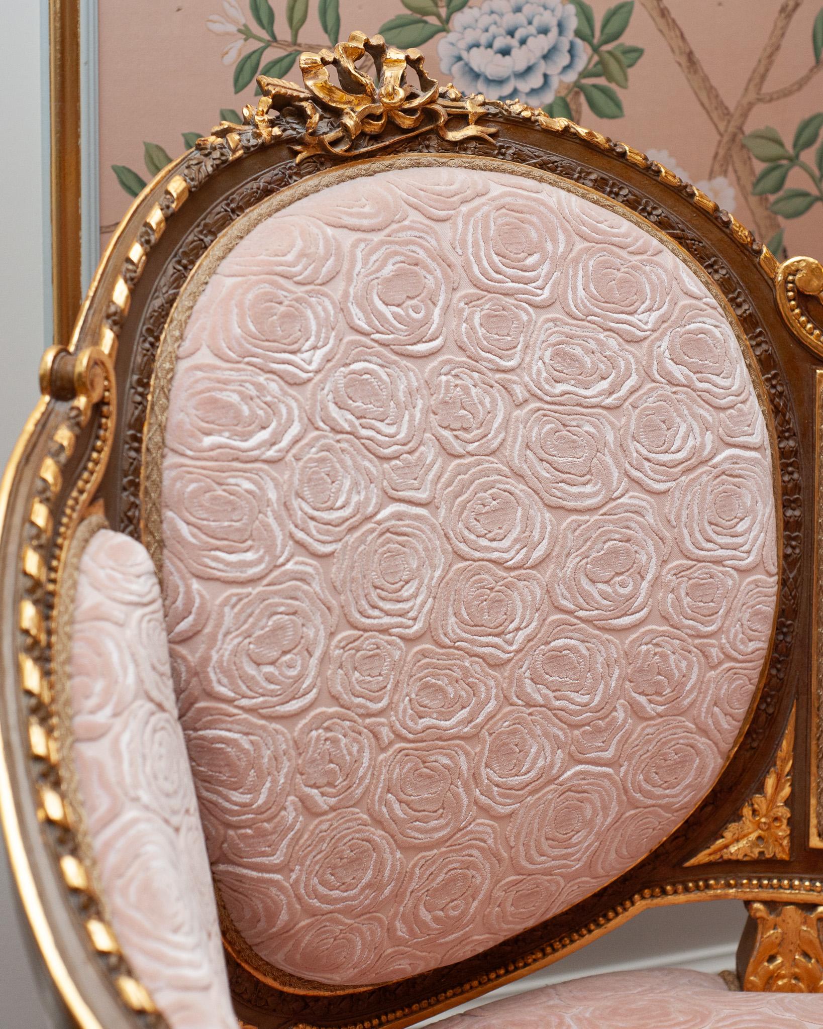 19th Century Antique Pair of French Armchairs Fully Reupholstered in Rose Pink Silk Velvets For Sale