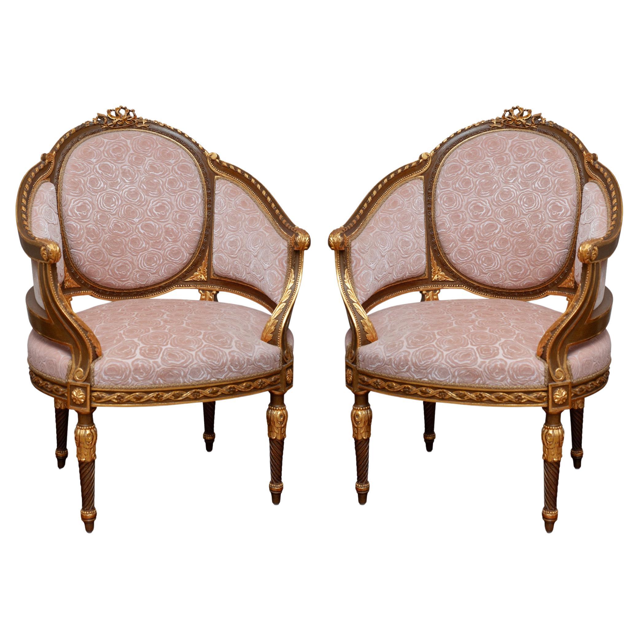 Antique Pair of French Armchairs Fully Reupholstered in Rose Pink Silk Velvets For Sale