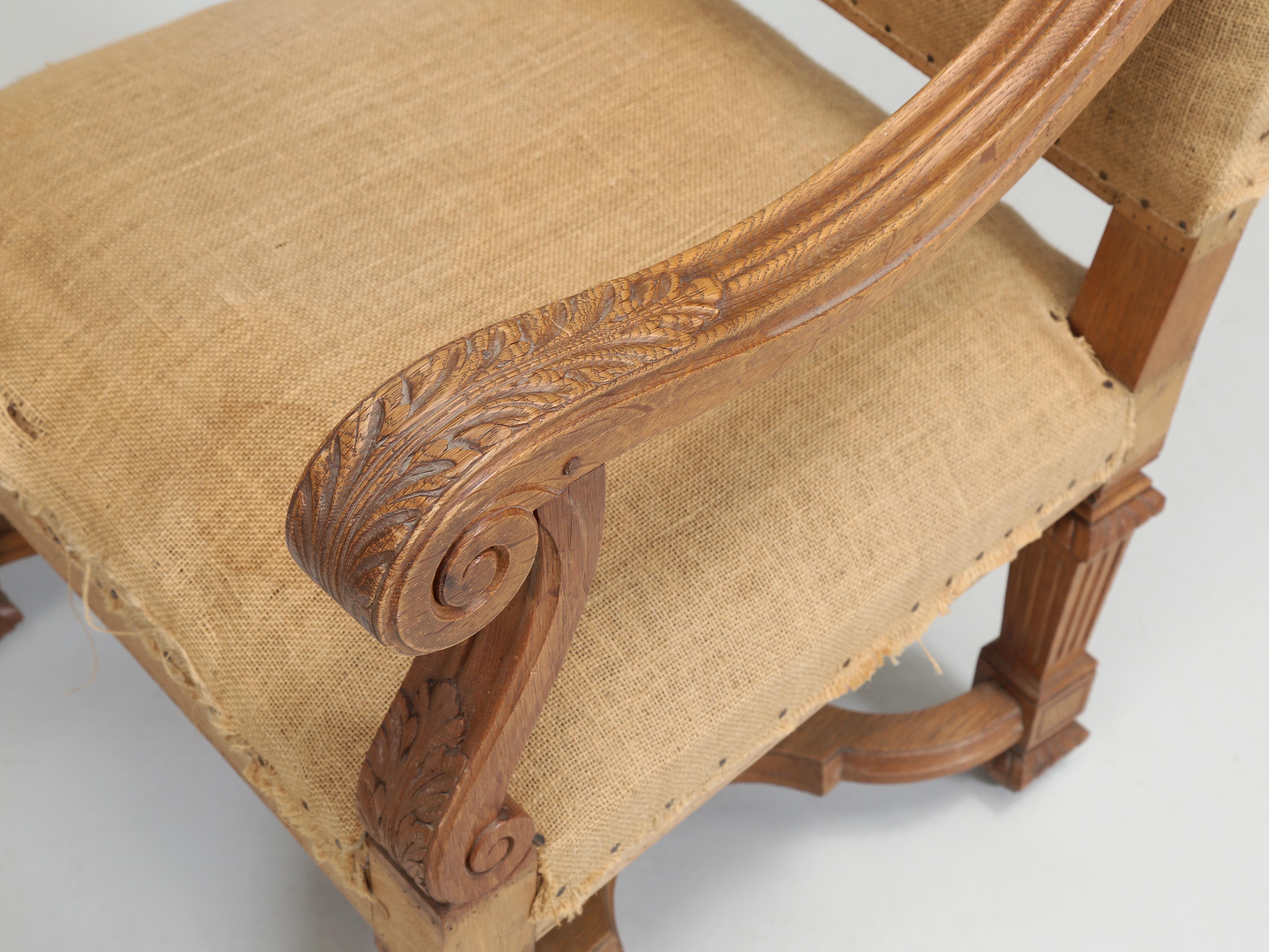 Hand-Carved Antique Pair of French Armchairs in White Oak circa 1900 Require Restoration For Sale