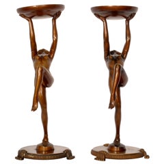 Antique Pair of French Art Deco Bronze Female Nude Dancers Statues Stands 1925