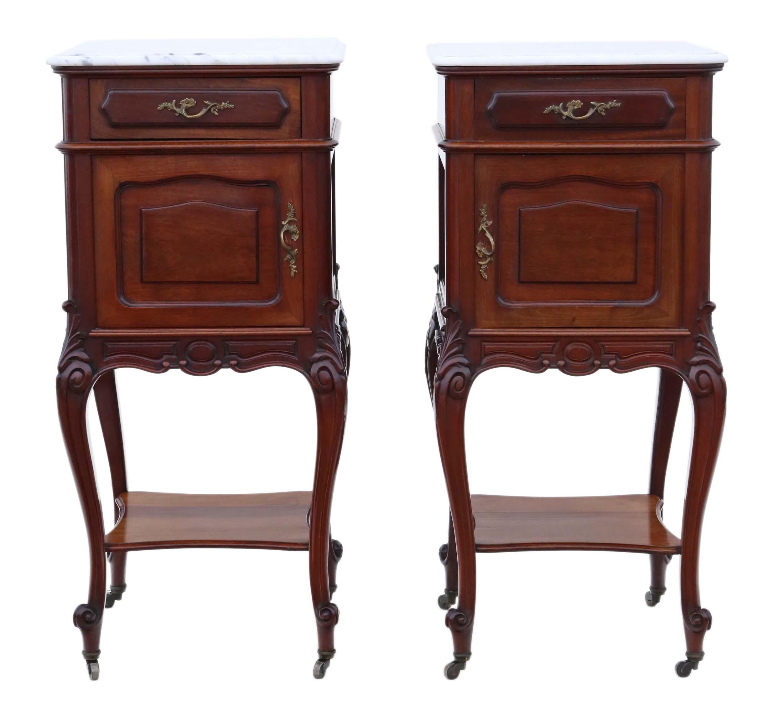 Antique fine quality pair of French bedside tables cupboards marble tops C1920.

Very heavy and solid, with no loose joints and no woodworm. The oak lined drawers slide freely and the cupboard catches work.

Would look great in the right