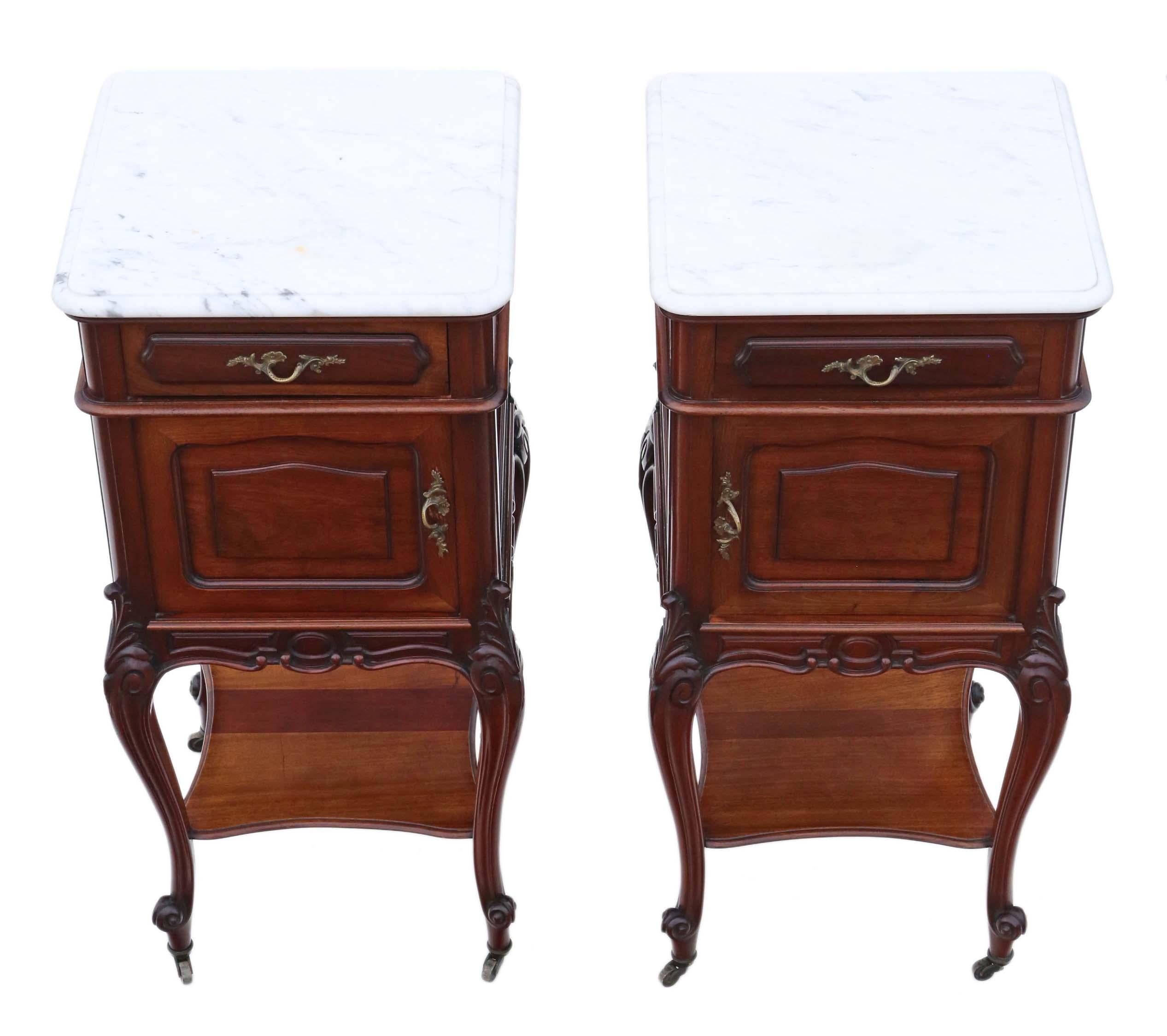 Antique Pair of French Bedside Tables Cupboards Marble Tops In Good Condition For Sale In Wisbech, Cambridgeshire