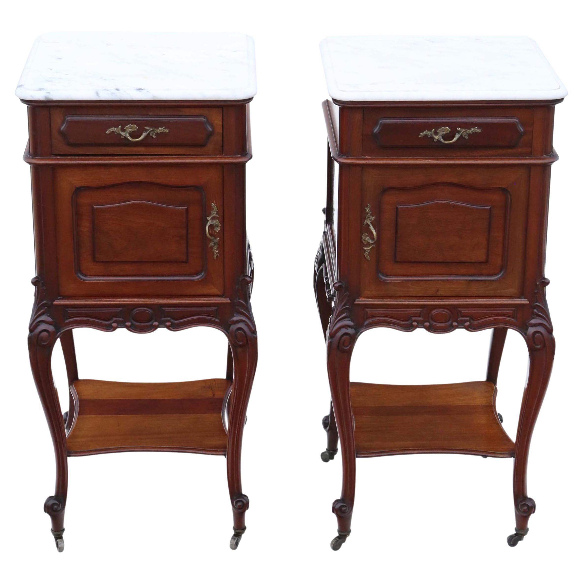 Antique Pair of French Bedside Tables Cupboards Marble Tops For Sale