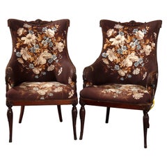 Antique Pair of French Bergère Floral Tapestry Fireside Chairs, circa 1920