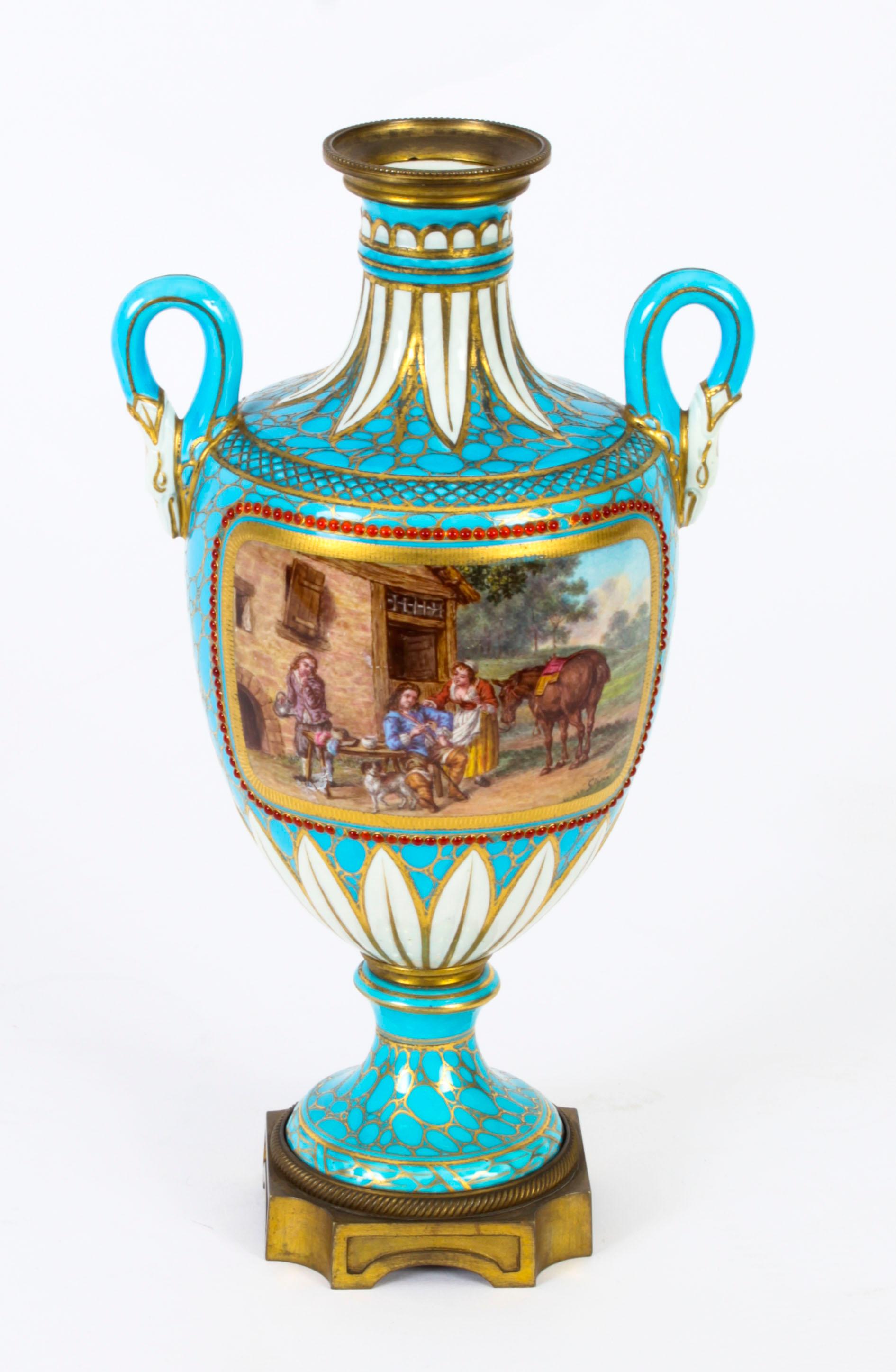 Antique Pair of French Bleu Celeste Porcelain Urns 19th Century For Sale 7