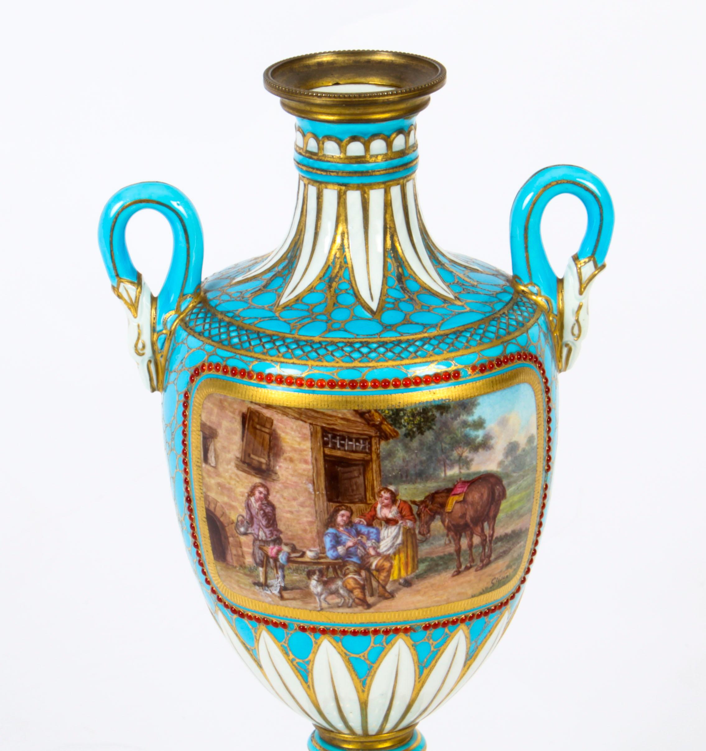 Antique Pair of French Bleu Celeste Porcelain Urns 19th Century For Sale 8