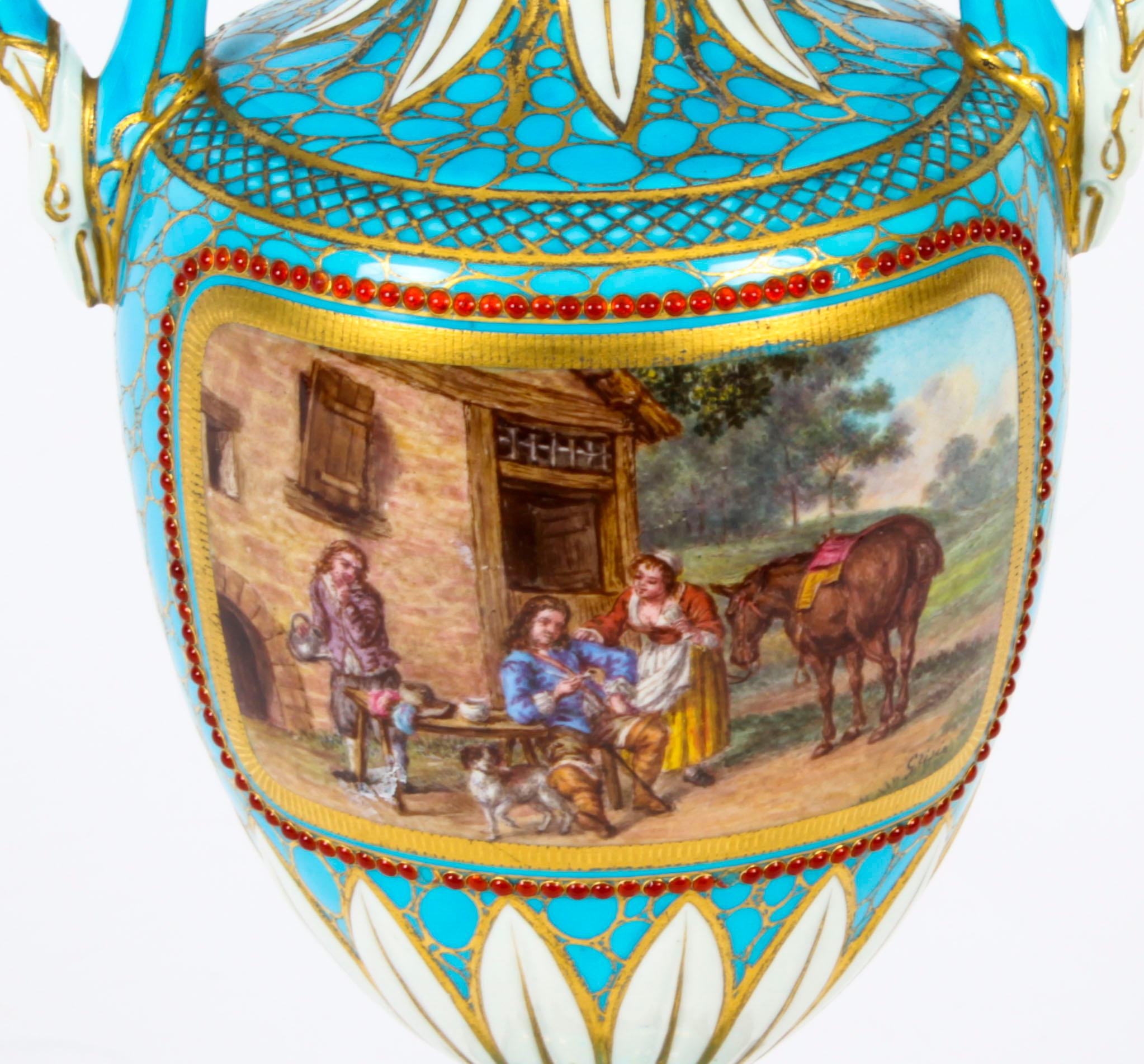 Antique Pair of French Bleu Celeste Porcelain Urns 19th Century For Sale 9