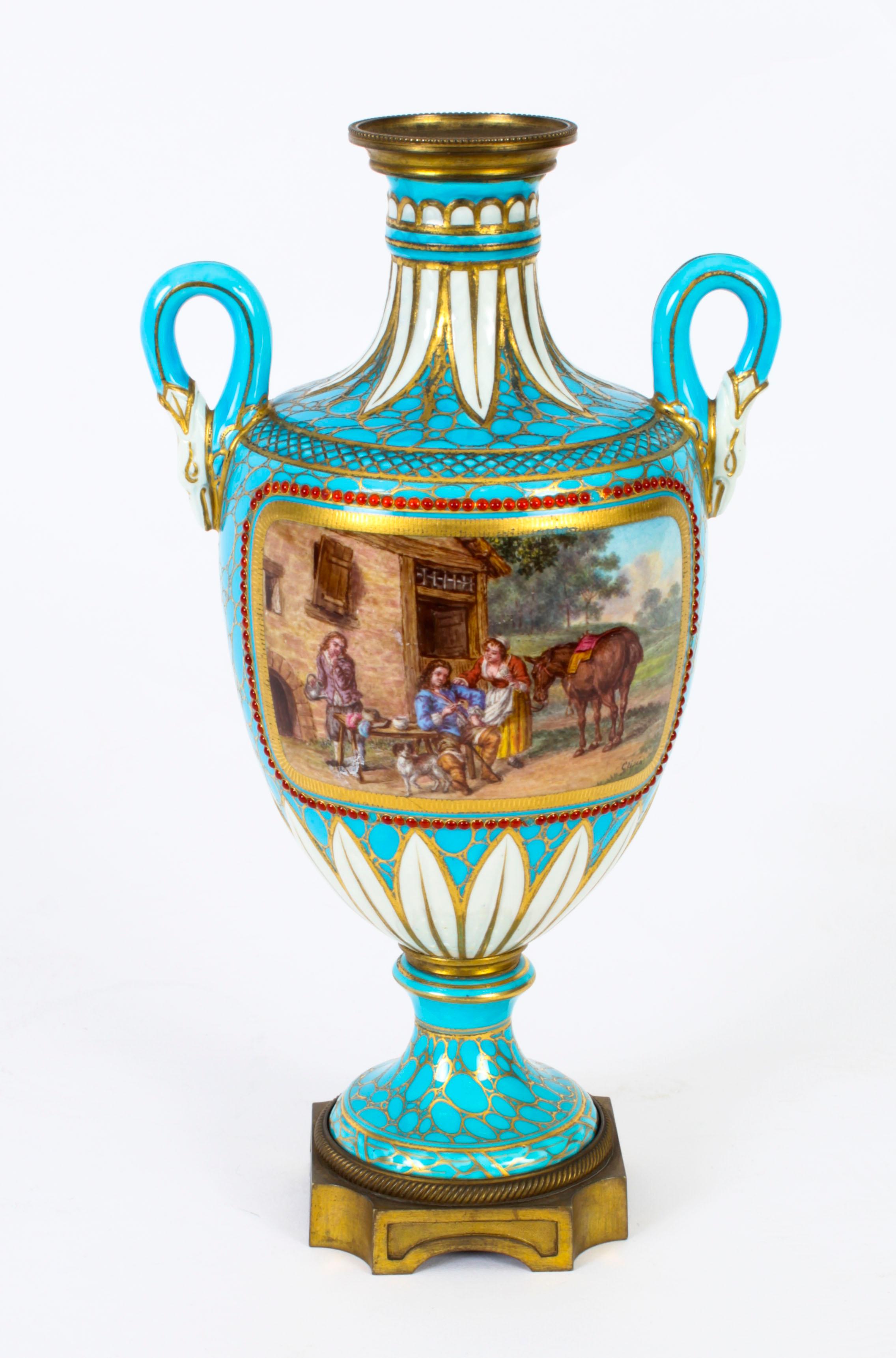 Antique Pair of French Bleu Celeste Porcelain Urns 19th Century For Sale 10