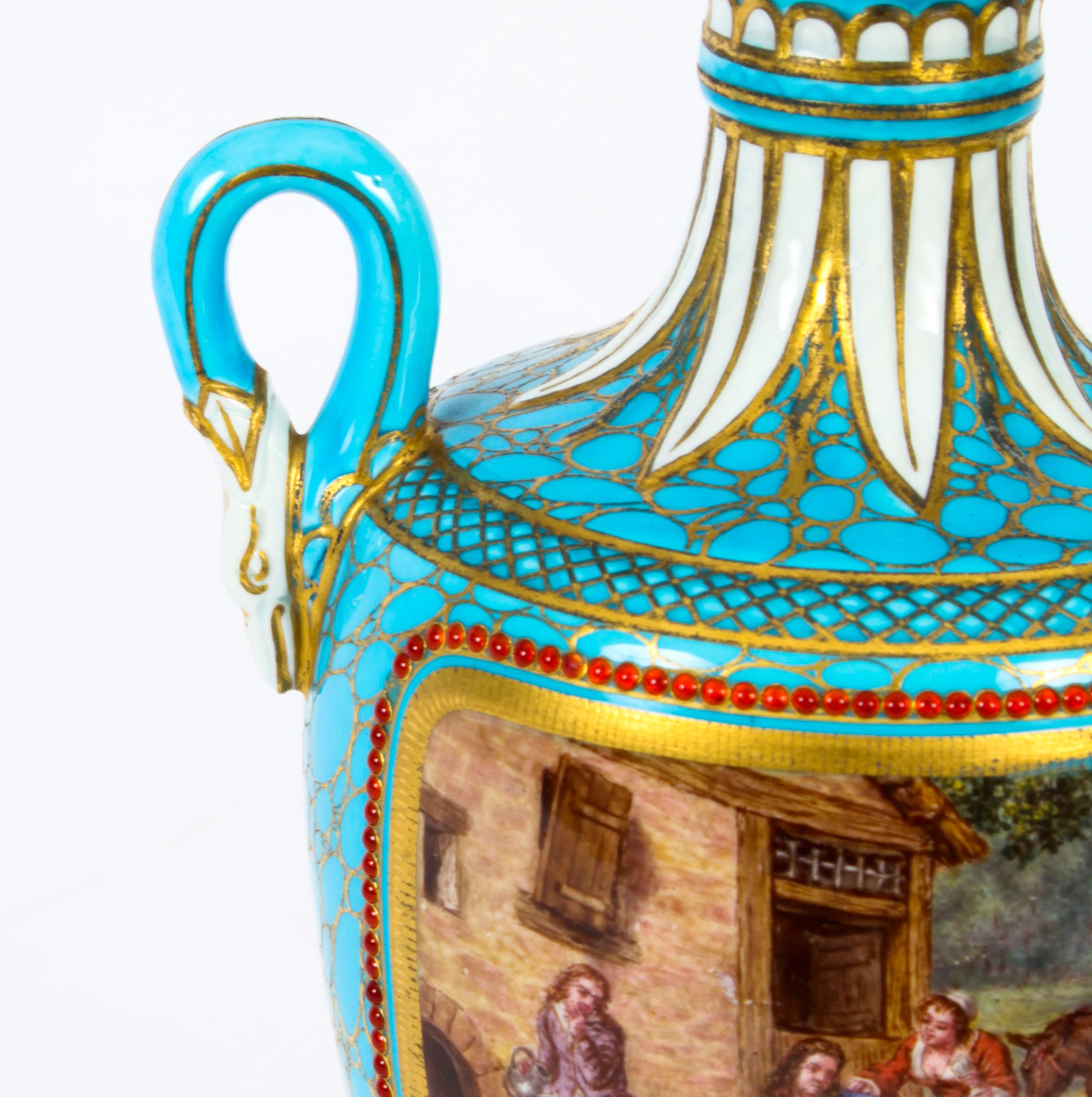 Antique Pair of French Bleu Celeste Porcelain Urns 19th Century For Sale 11