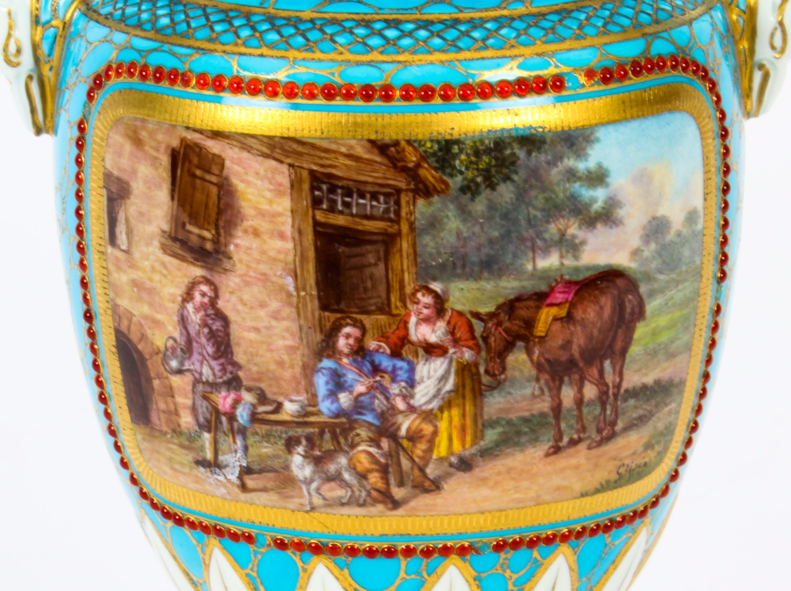 Antique Pair of French Bleu Celeste Porcelain Urns 19th Century For Sale 12