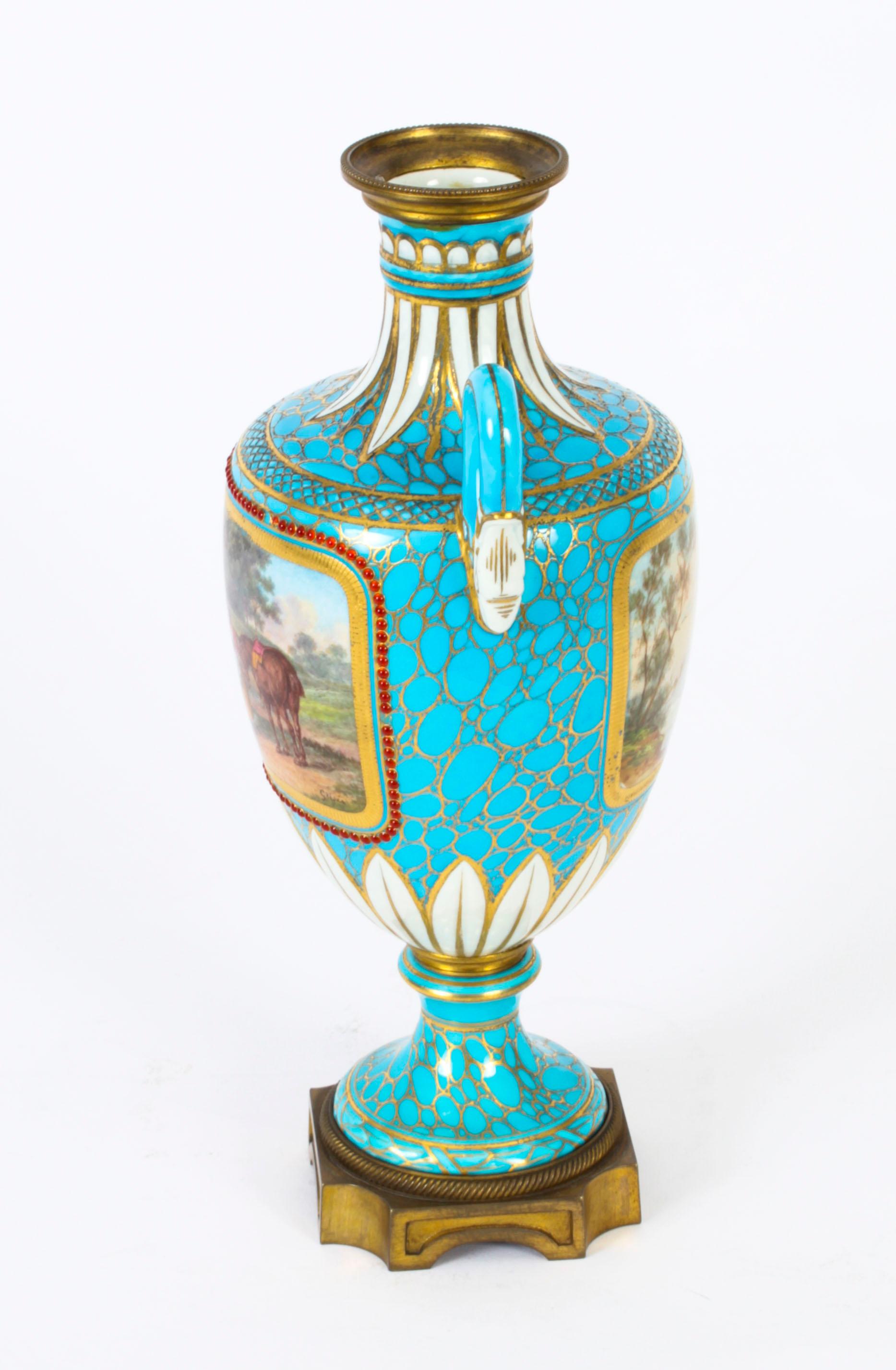 Antique Pair of French Bleu Celeste Porcelain Urns 19th Century For Sale 14