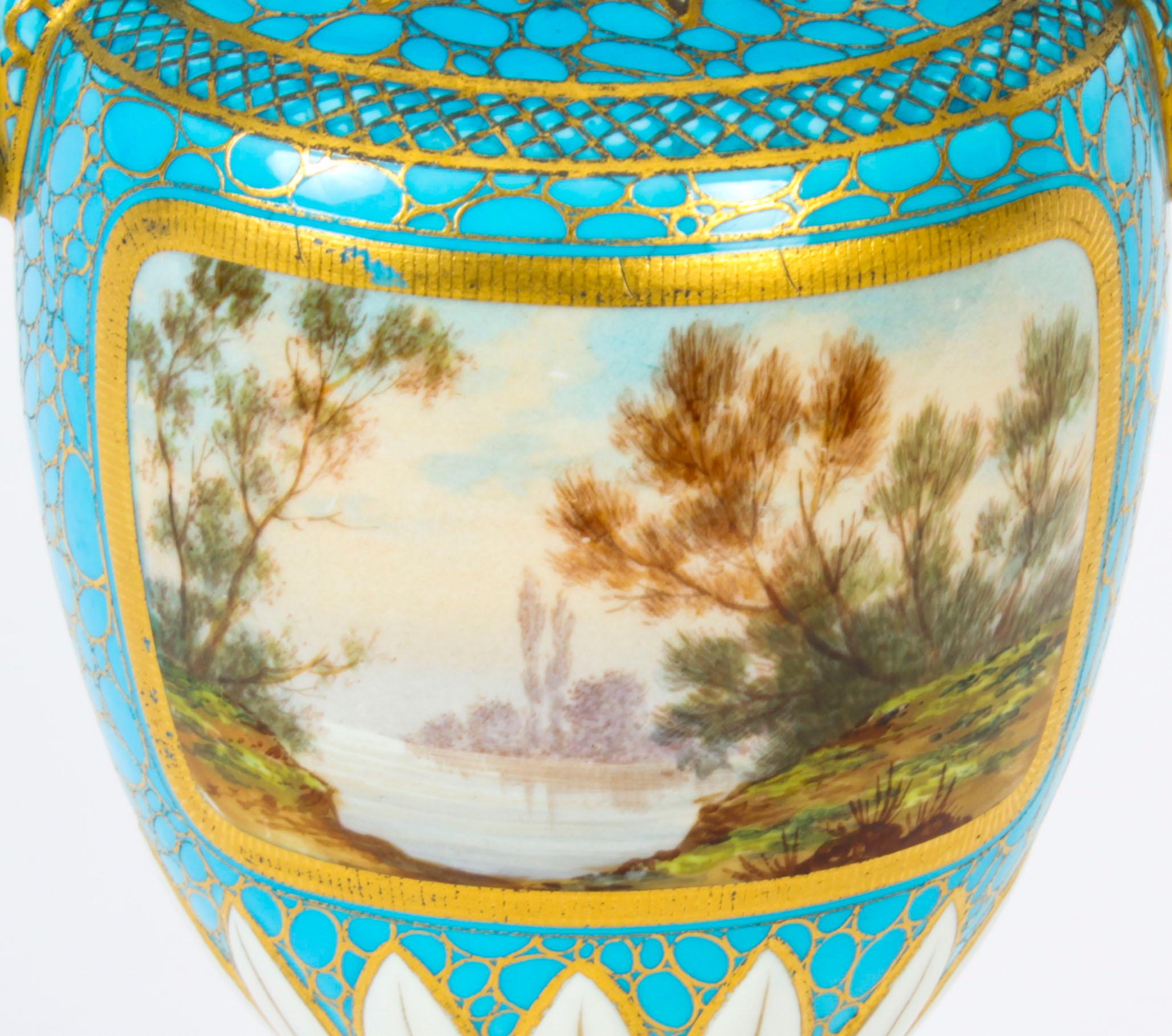 Antique Pair of French Bleu Celeste Porcelain Urns 19th Century For Sale 16