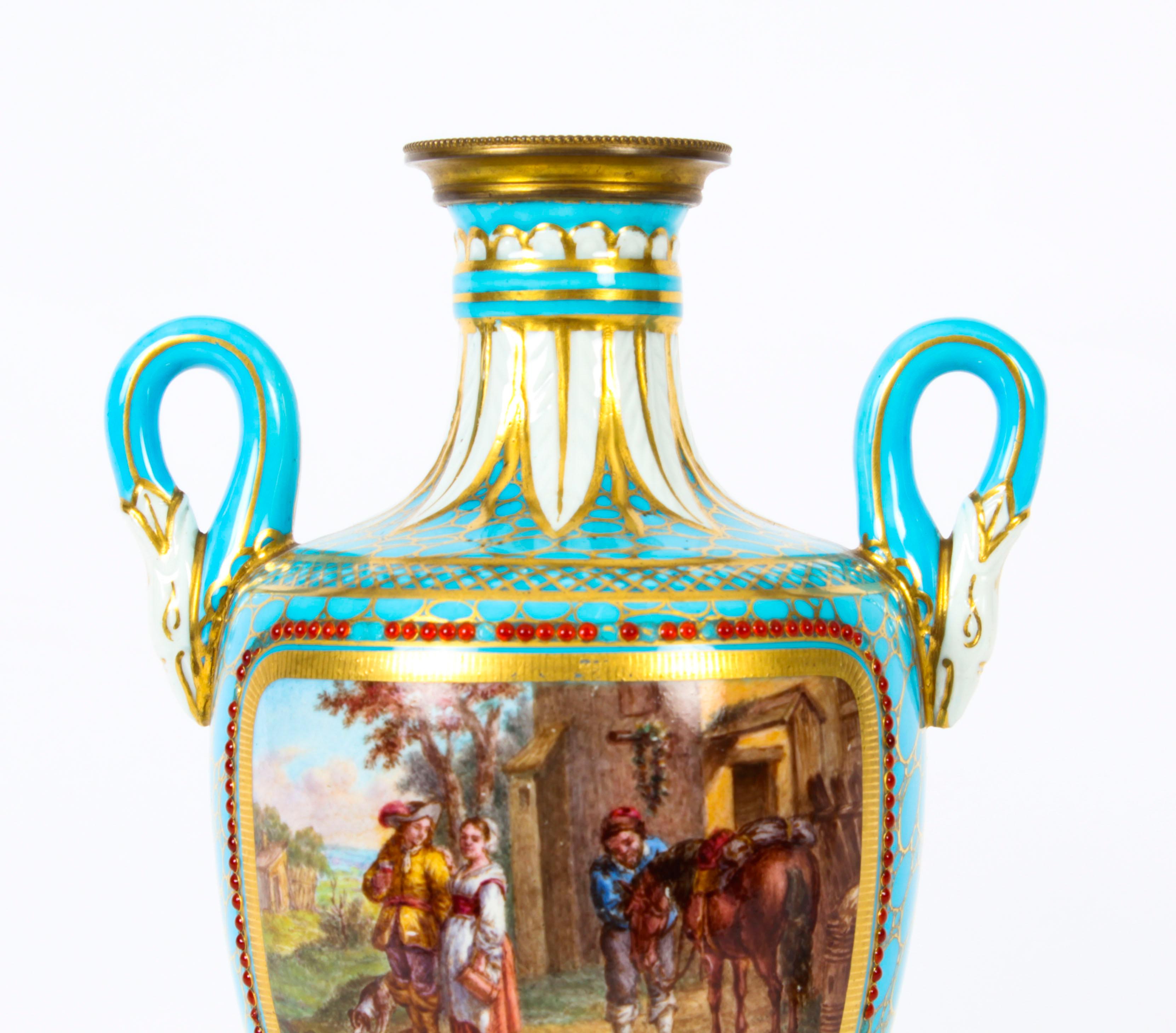 Mid-19th Century Antique Pair of French Bleu Celeste Porcelain Urns 19th Century For Sale