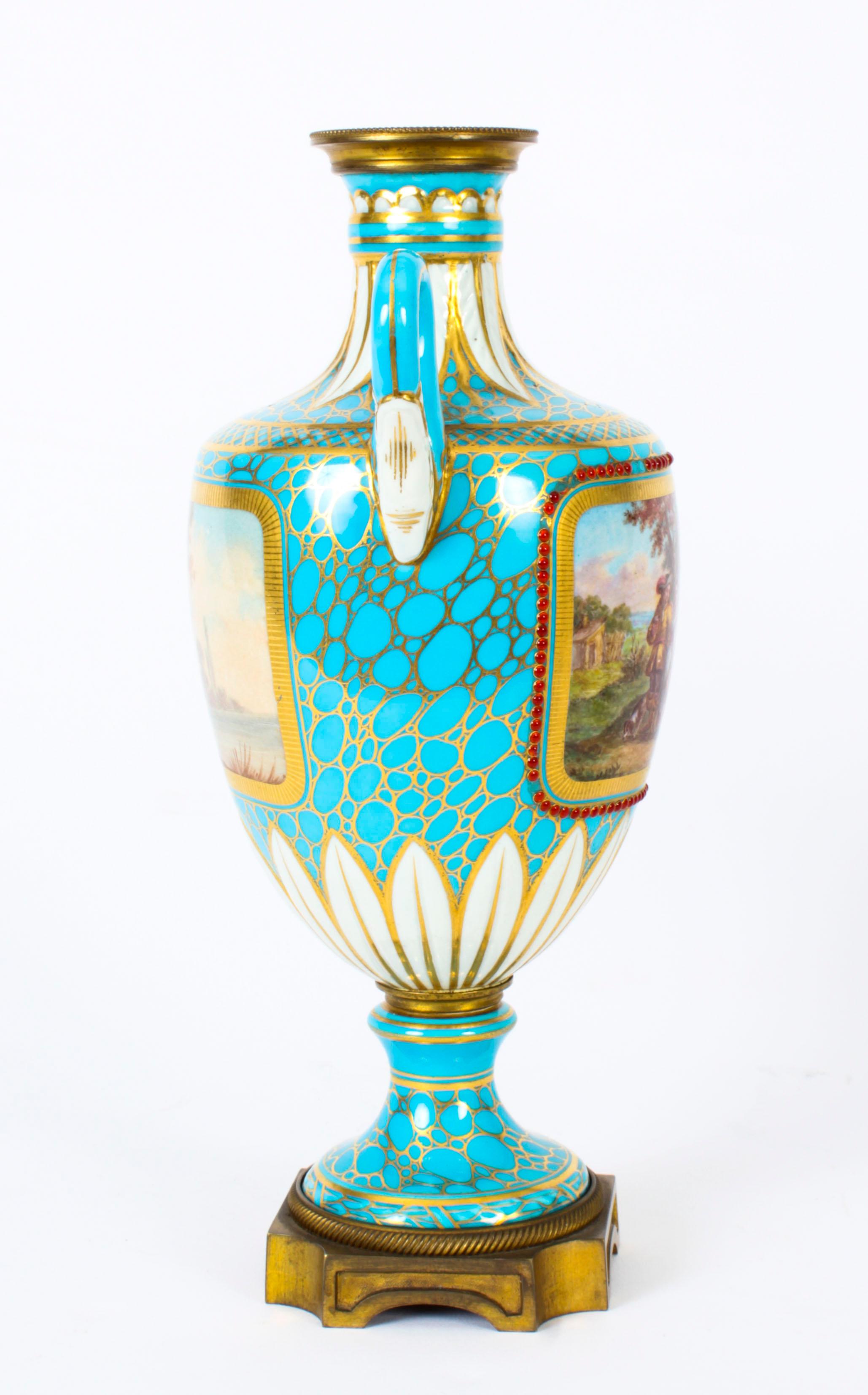 Antique Pair of French Bleu Celeste Porcelain Urns 19th Century For Sale 2