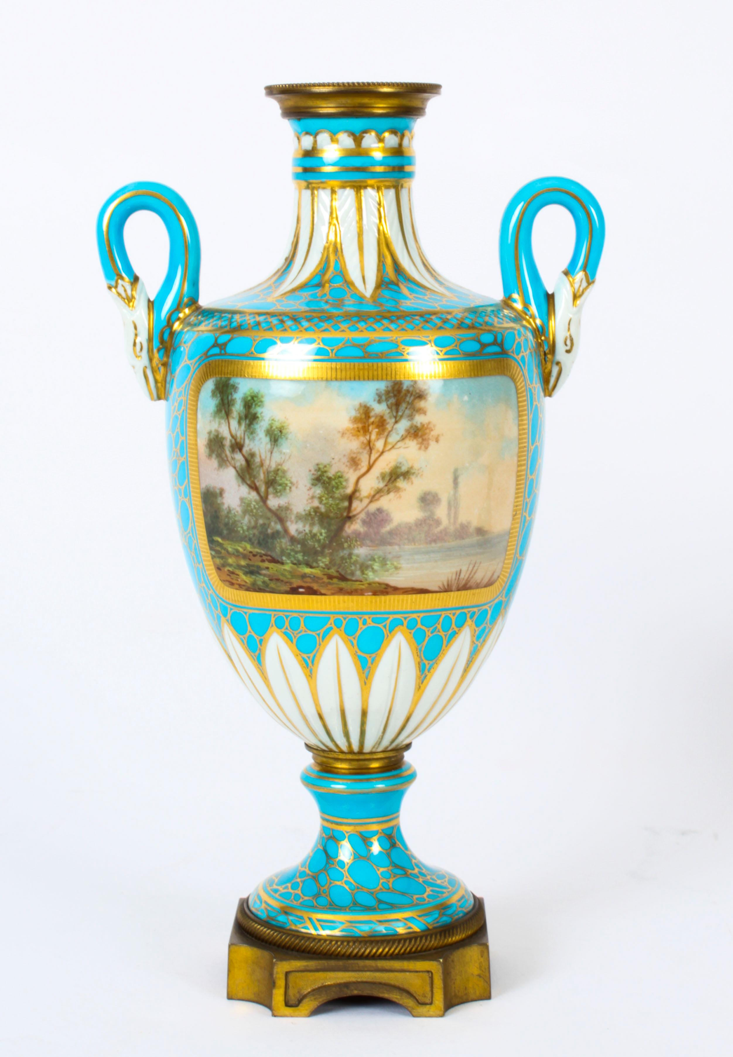 Antique Pair of French Bleu Celeste Porcelain Urns 19th Century For Sale 4