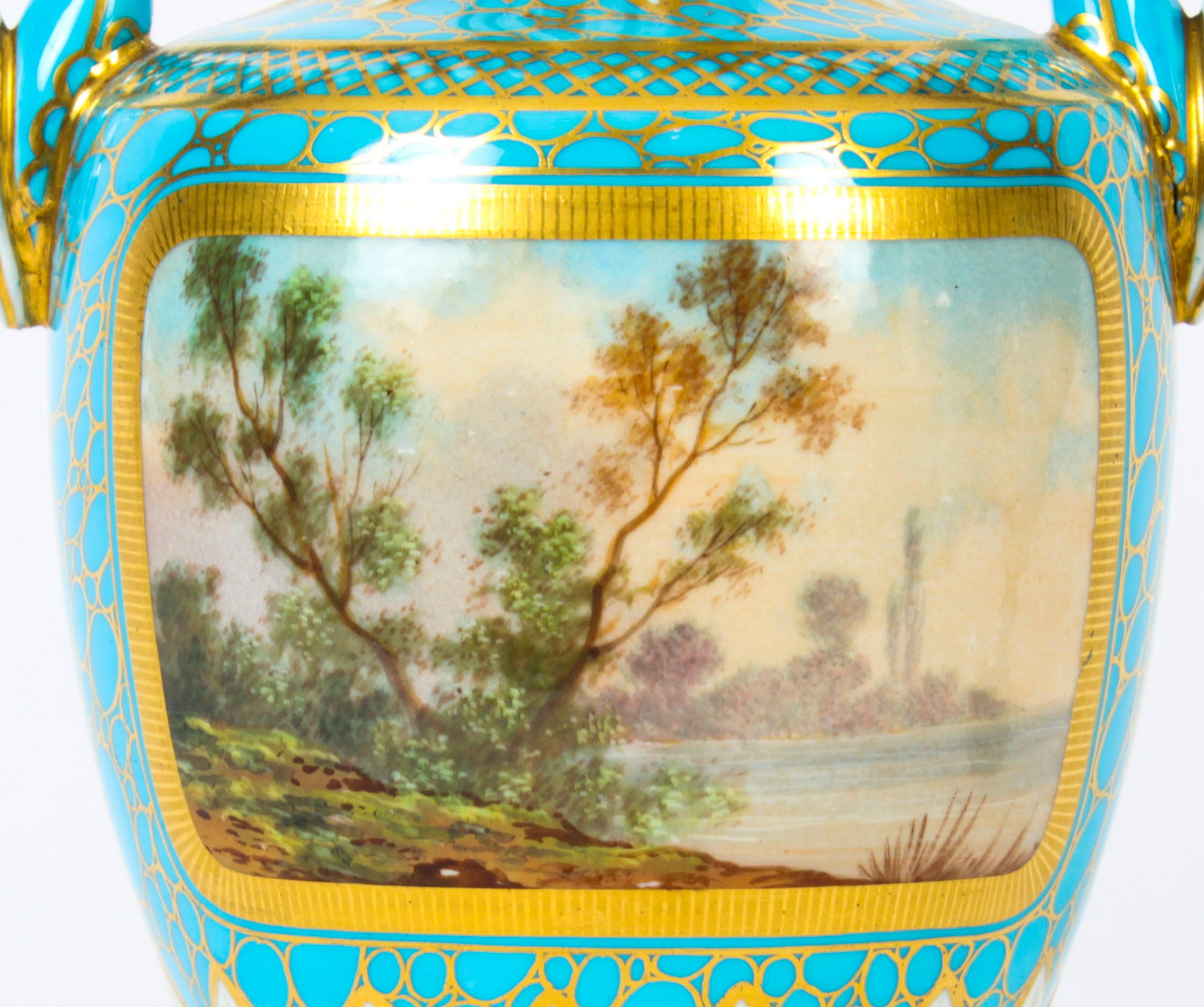 Antique Pair of French Bleu Celeste Porcelain Urns 19th Century For Sale 5