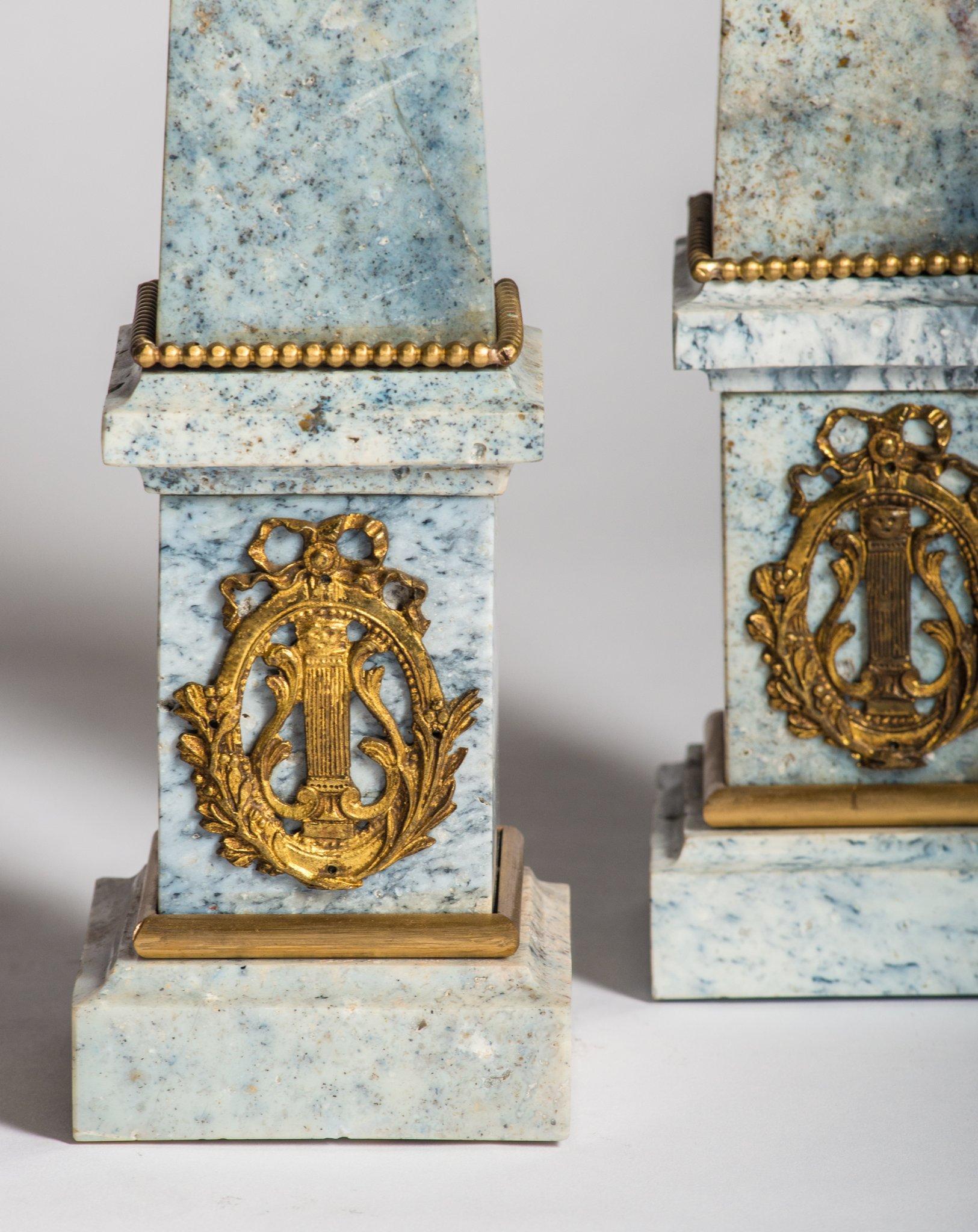 Antique Pair of French Pale Blue Natural Jasper and Ormolu Obelisks In Good Condition In Toronto, ON
