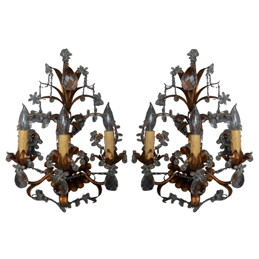 Antique Pair of French Brass and Crystal Sconces