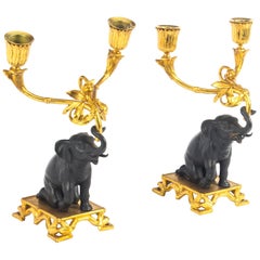 Antique Pair of French Bronze and Ormolu Elephant Two-Light Candelabra