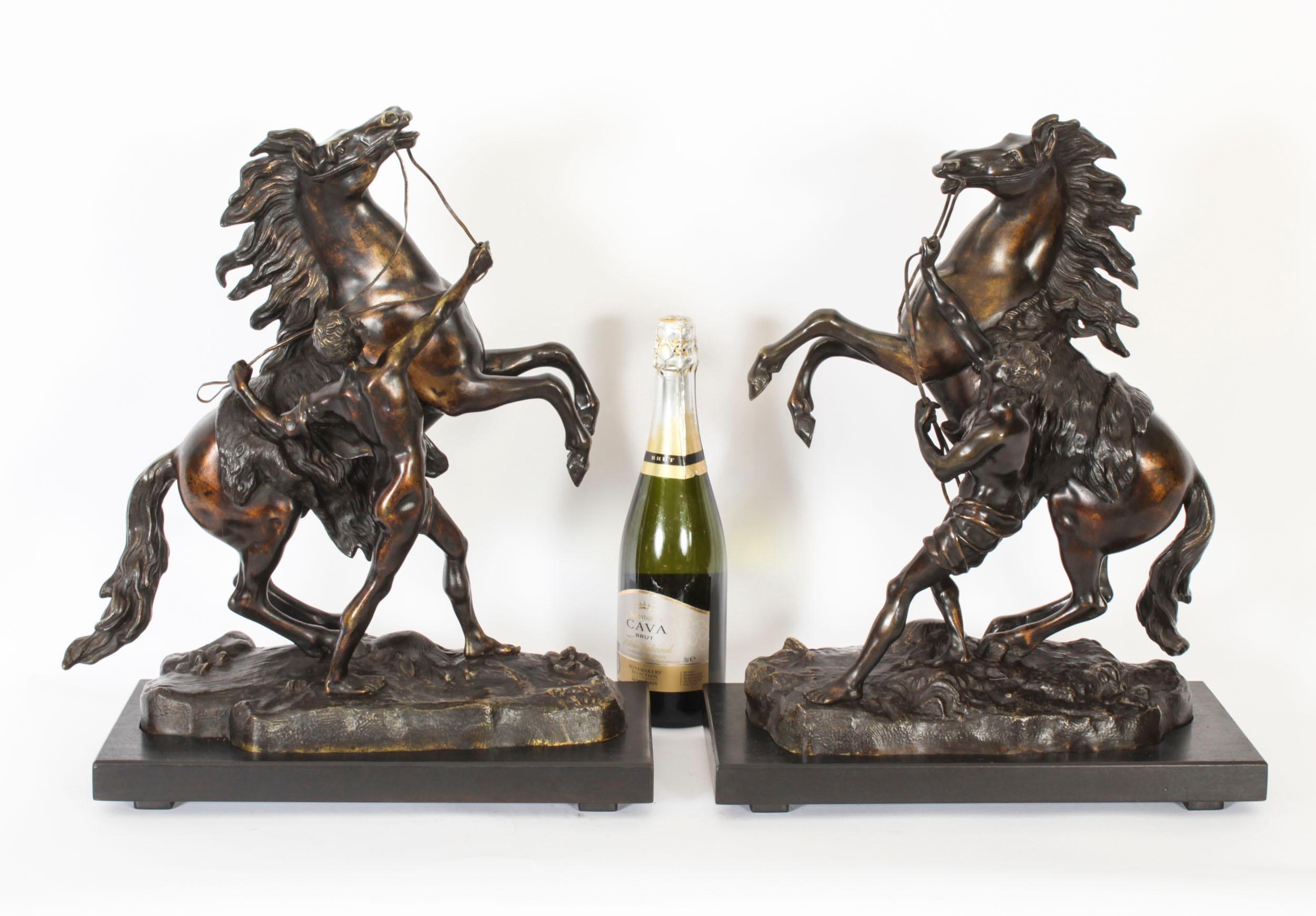 Antique Pair of French Bronze Marly Horses Sculptures by Cousteau 19th Century For Sale 13