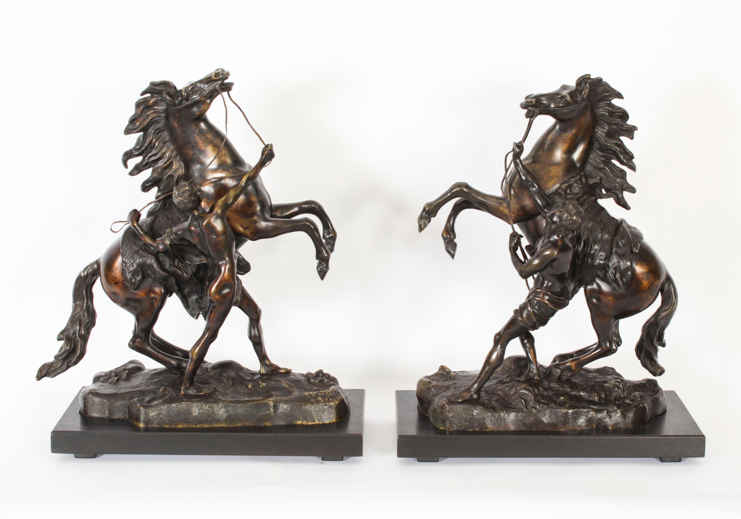 Antique Pair of French Bronze Marly Horses Sculptures by Cousteau 19th Century For Sale 14
