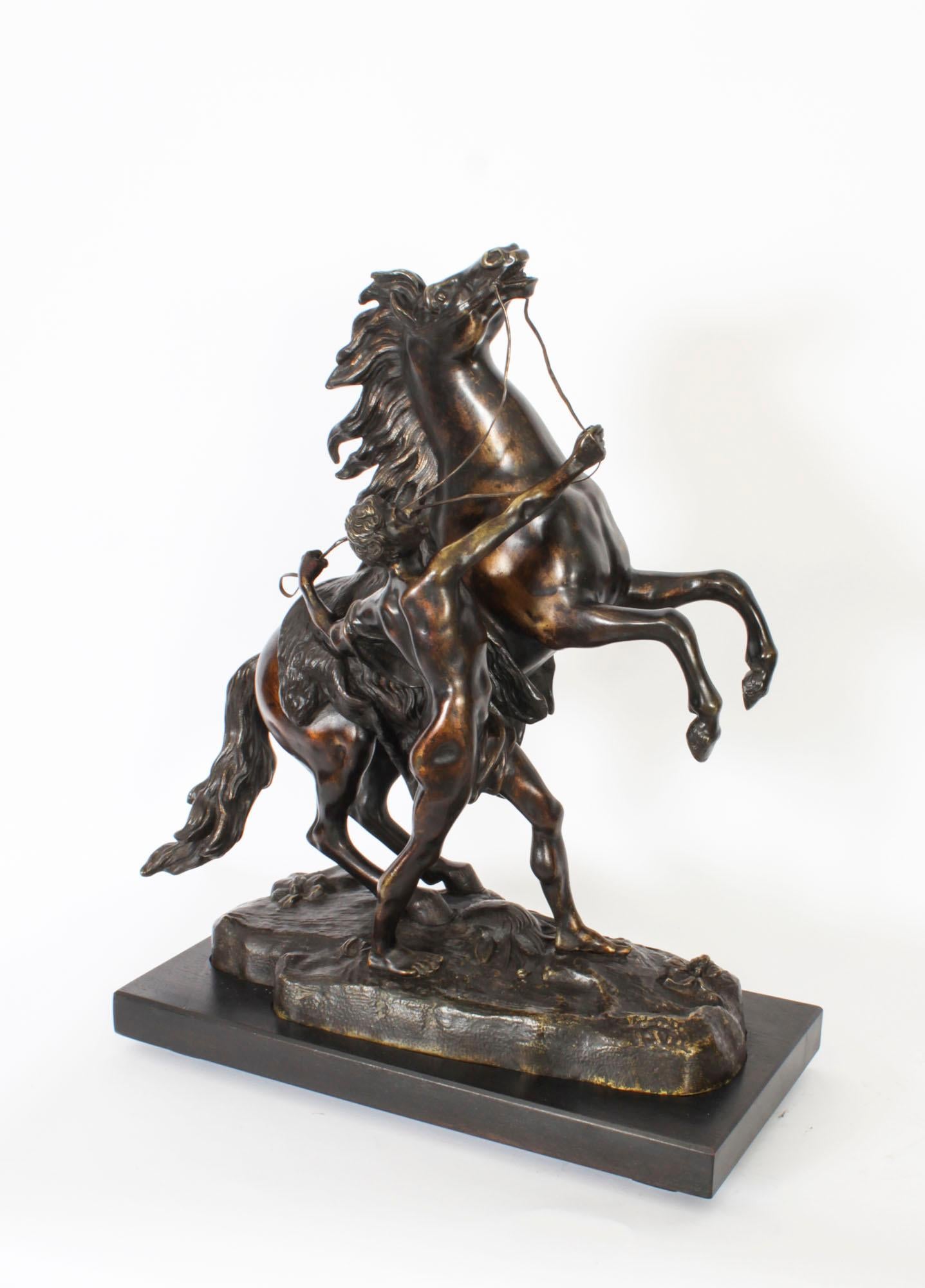 Grand Tour Antique Pair of French Bronze Marly Horses Sculptures by Cousteau 19th Century For Sale