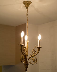Antique Pair of French Bronze Three Candle Chandeliers with Rooster Motif