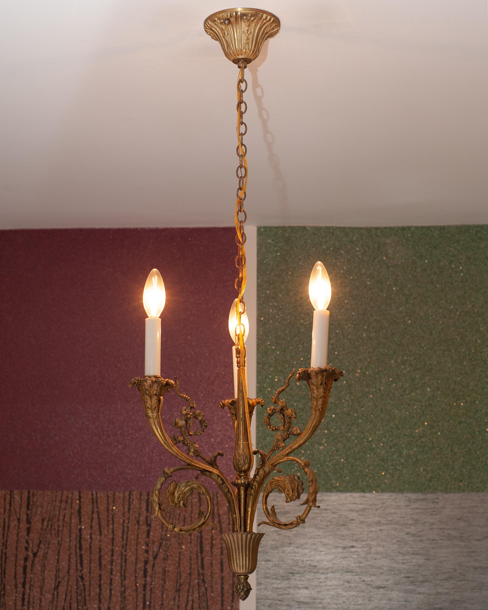 Antique Pair of French Bronze Three Candle Chandeliers with Rooster Motif In Good Condition In Toronto, ON
