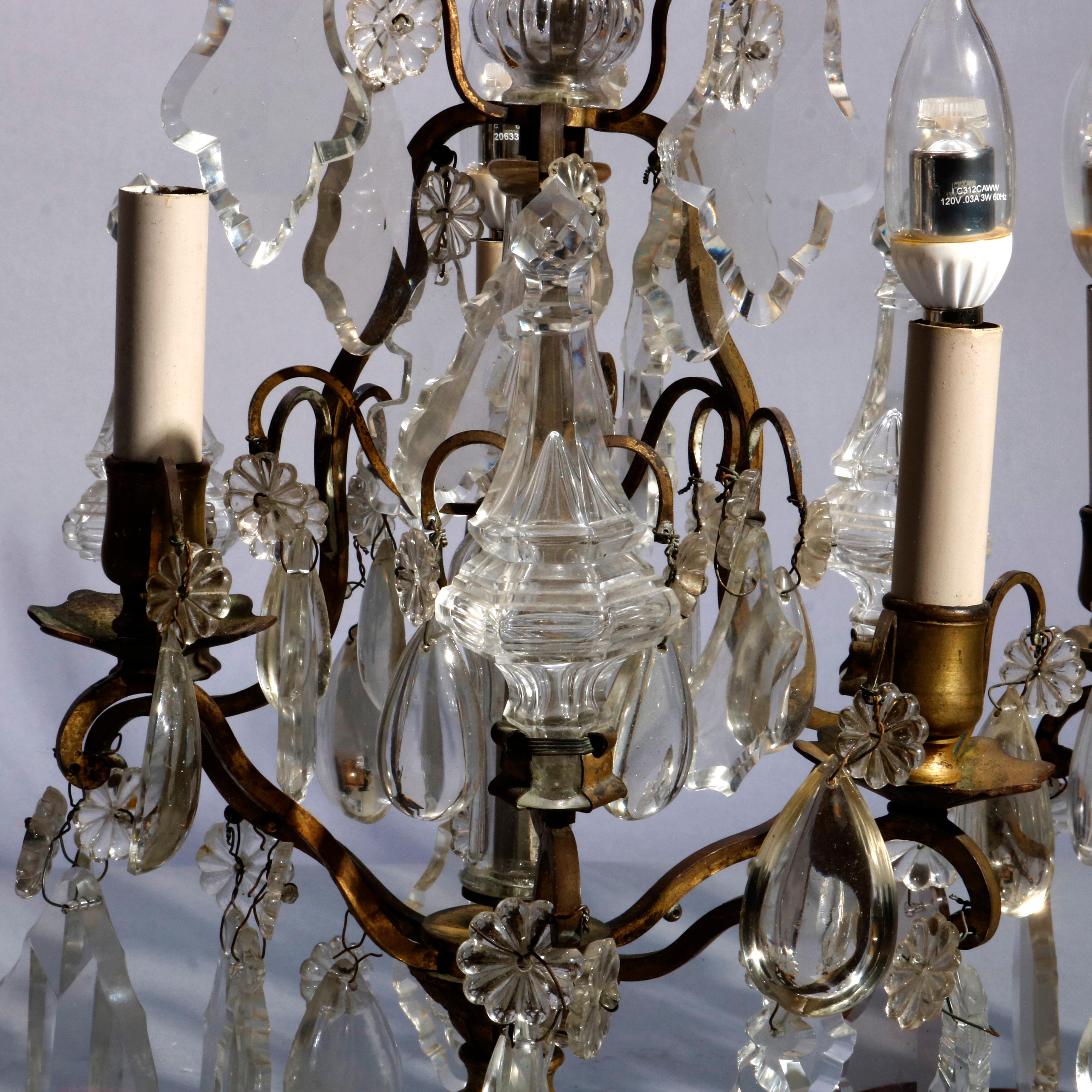 Antique Pair of French Bronzed Crystal Candelabras Lamps, circa 1910 2
