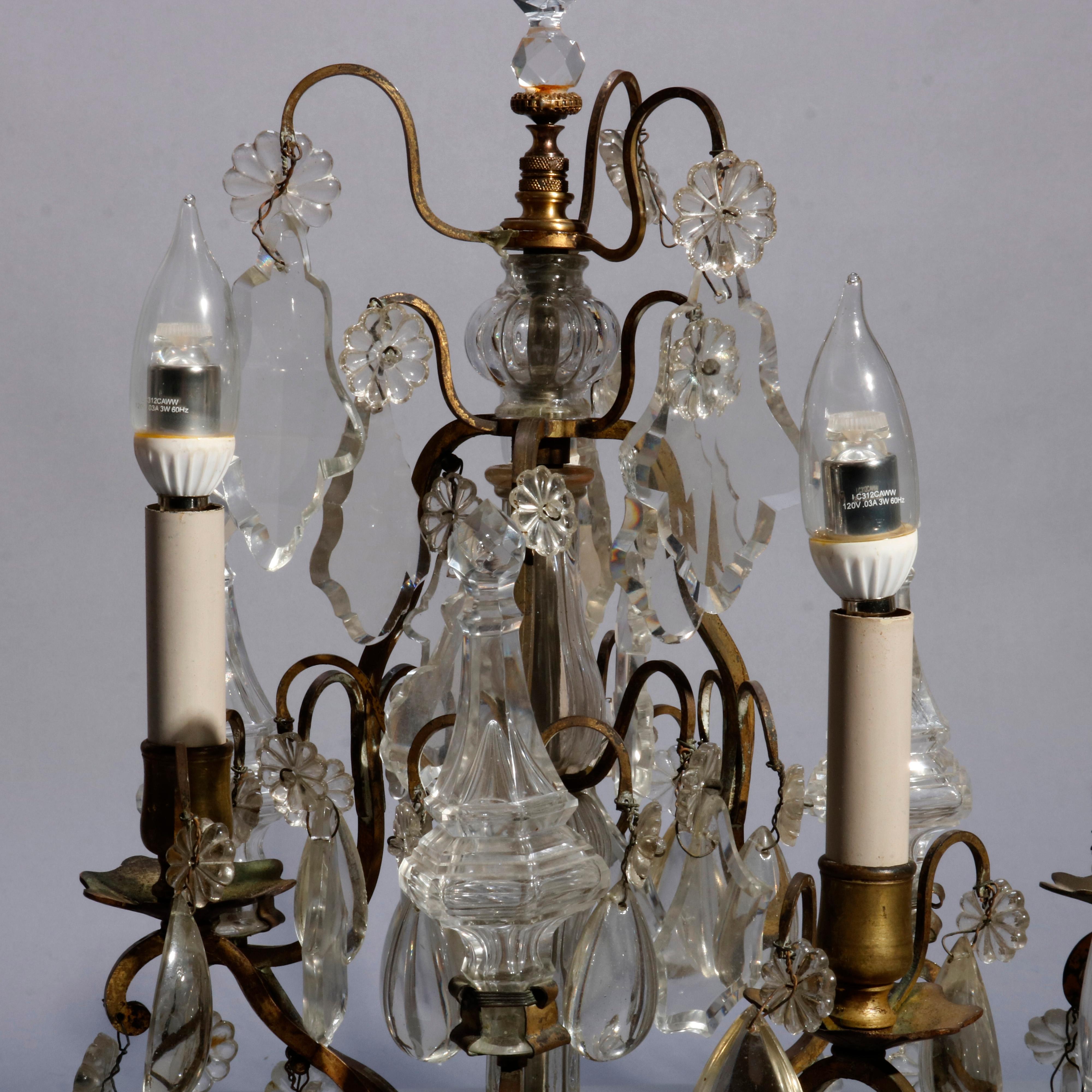 Antique Pair of French Bronzed Crystal Candelabras Lamps, circa 1910 3