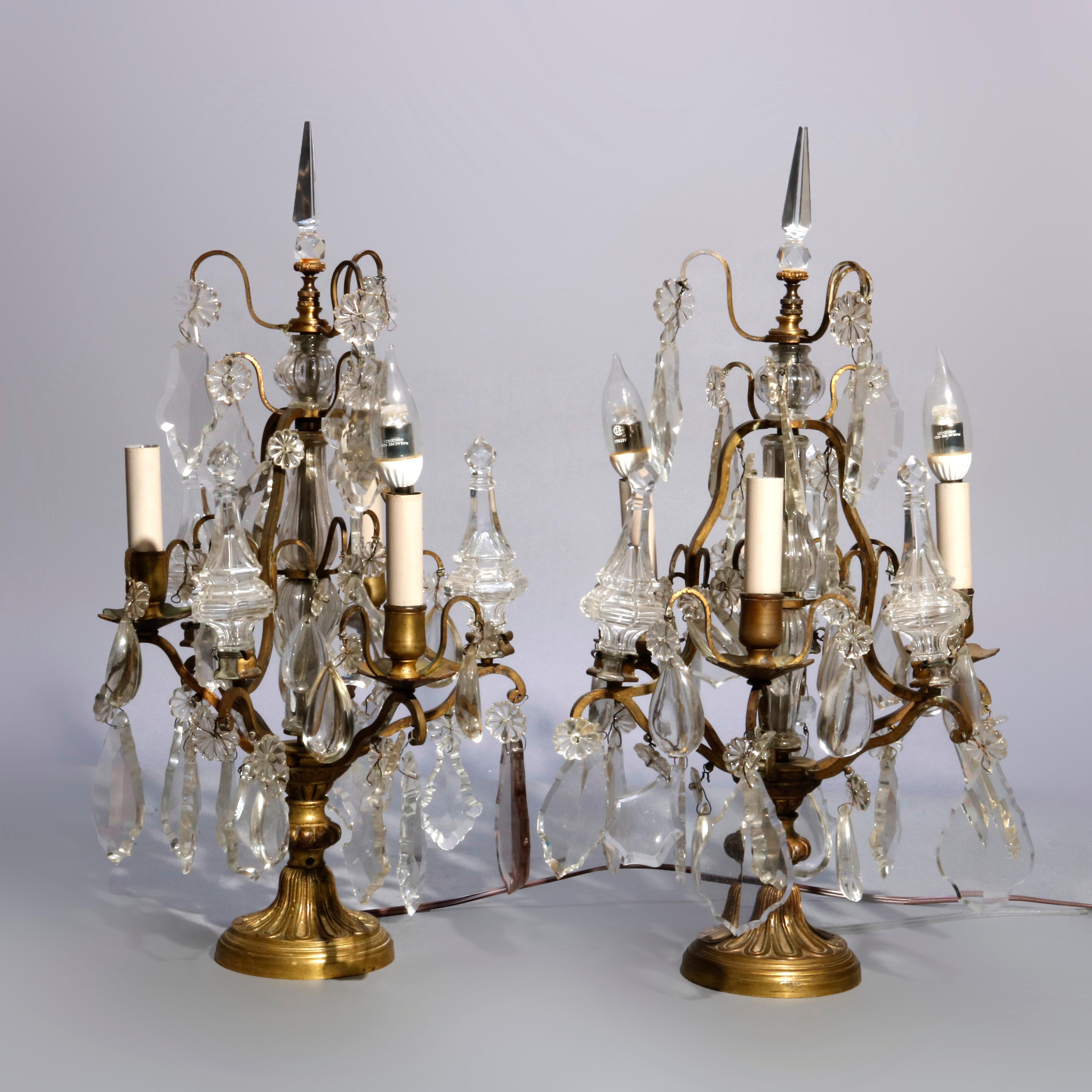 Antique Pair of French Bronzed Crystal Candelabras Lamps, circa 1910 5
