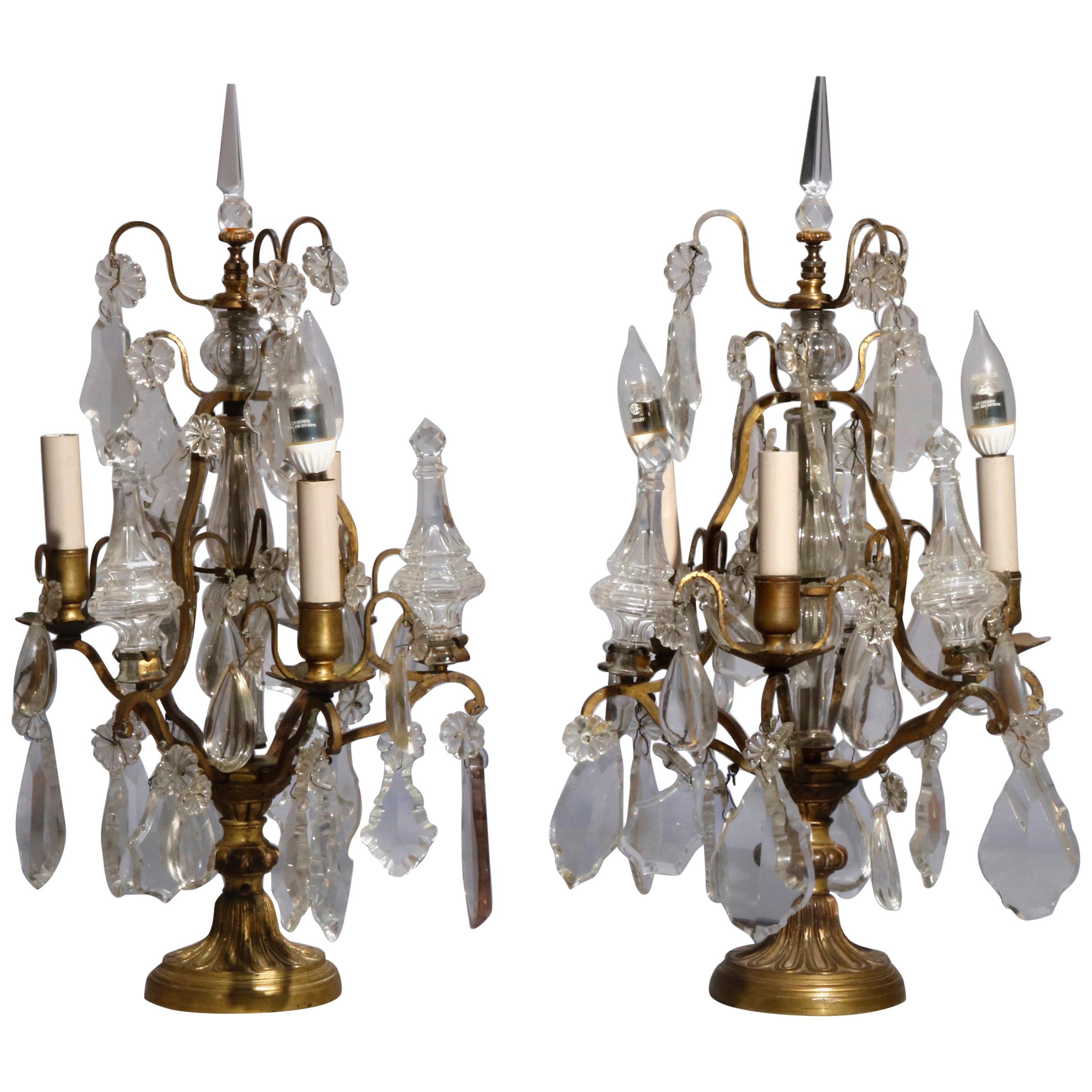 Antique Pair of French Bronzed Crystal Candelabras Lamps, circa 1910