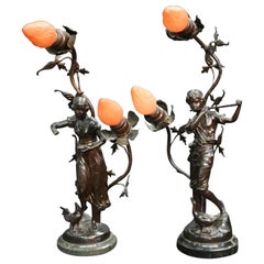 Antique Pair of French Bronzed Metal Figural Newel Post Lamps, circa 1900