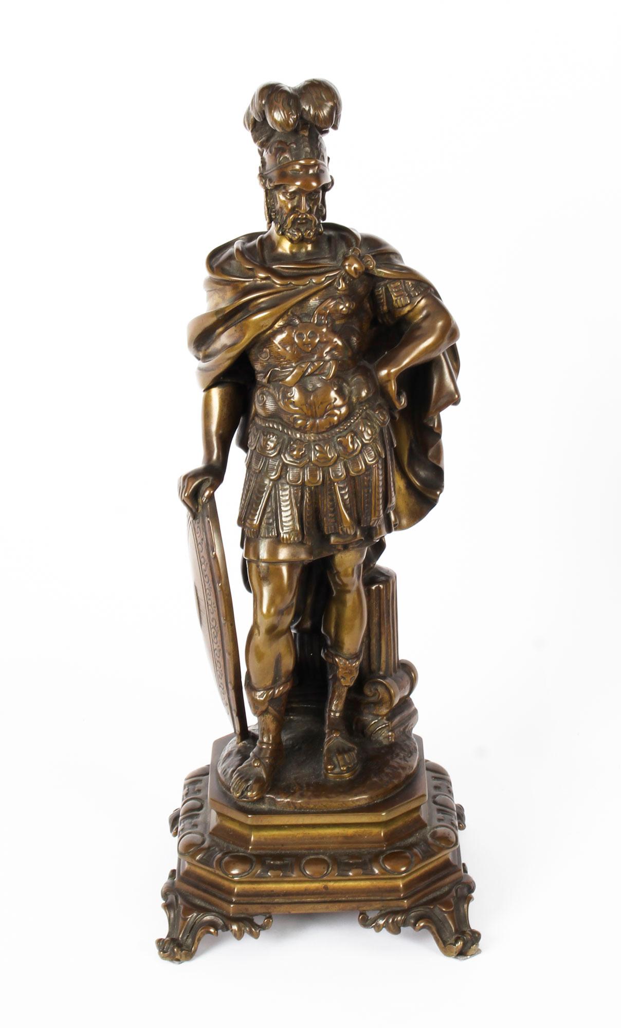 This is a truly stunning antique pair of French patinated-bronze sculptures of Mars and Minerva, dating from circa 1850 in date.
Mars is dressed in his engraved battle armour holding a shield and Minerva is dressed in similar fashion with a shield
