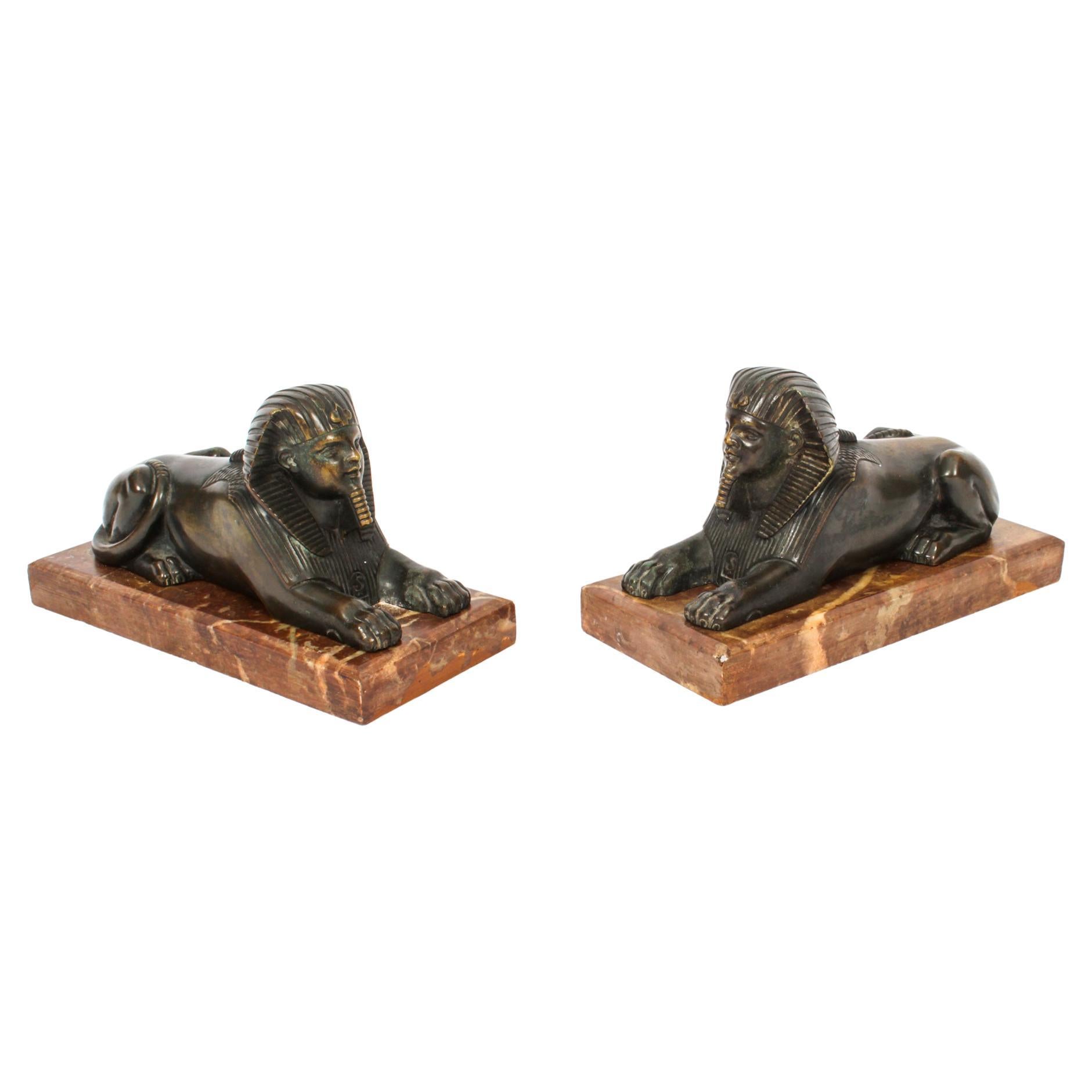 Egyptian Sphinx Scuplture In Brass On Marble Base Bookends/Paperweights 