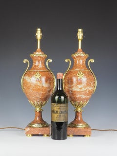 Antique Pair of French Cassolette Rouge Marble Table Lamps