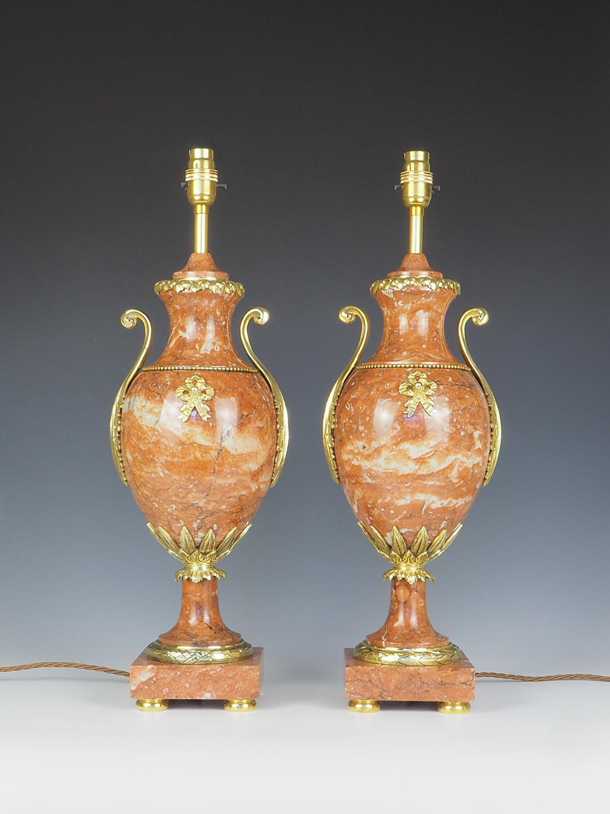 Antique Pair of French Cassolette Rouge Marble Table Lamps In Good Condition For Sale In Lincoln, GB