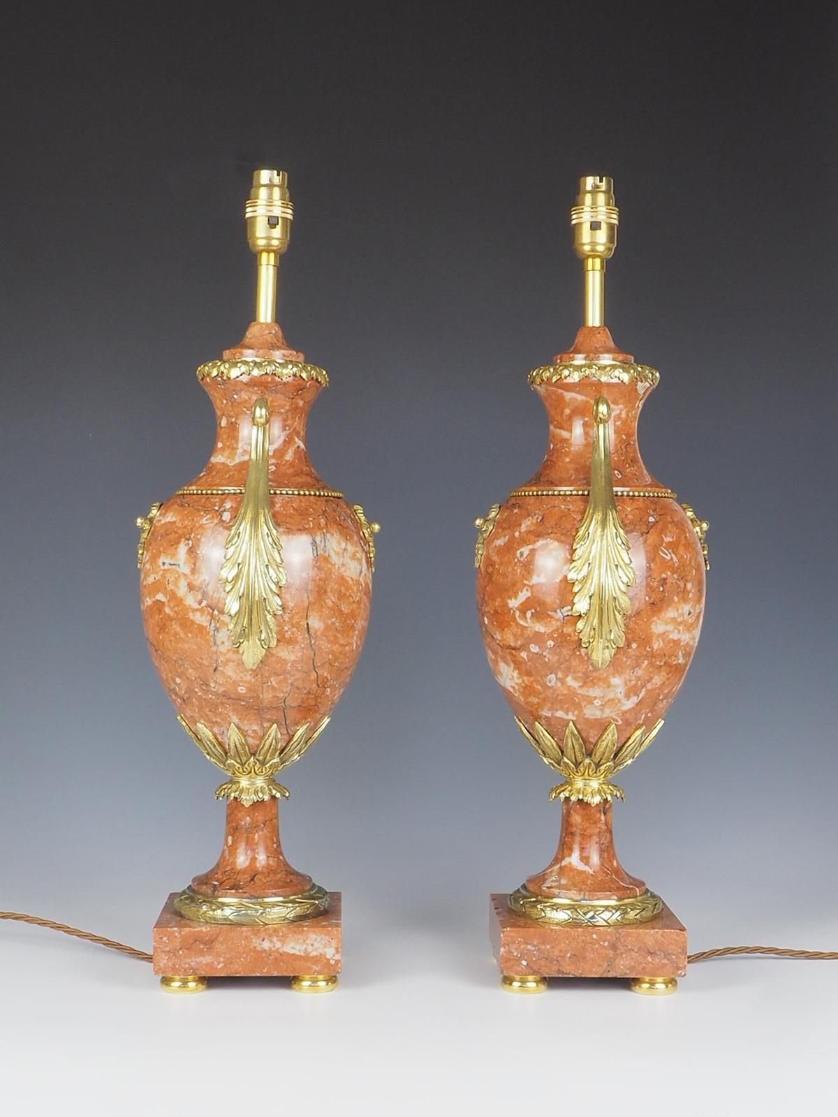 19th Century Antique Pair of French Cassolette Rouge Marble Table Lamps For Sale