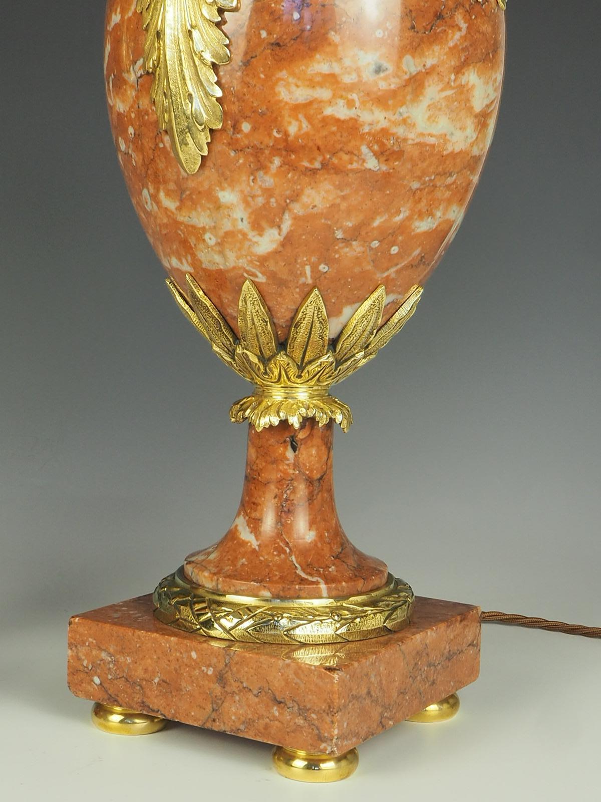 Antique Pair of French Cassolette Rouge Marble Table Lamps 4