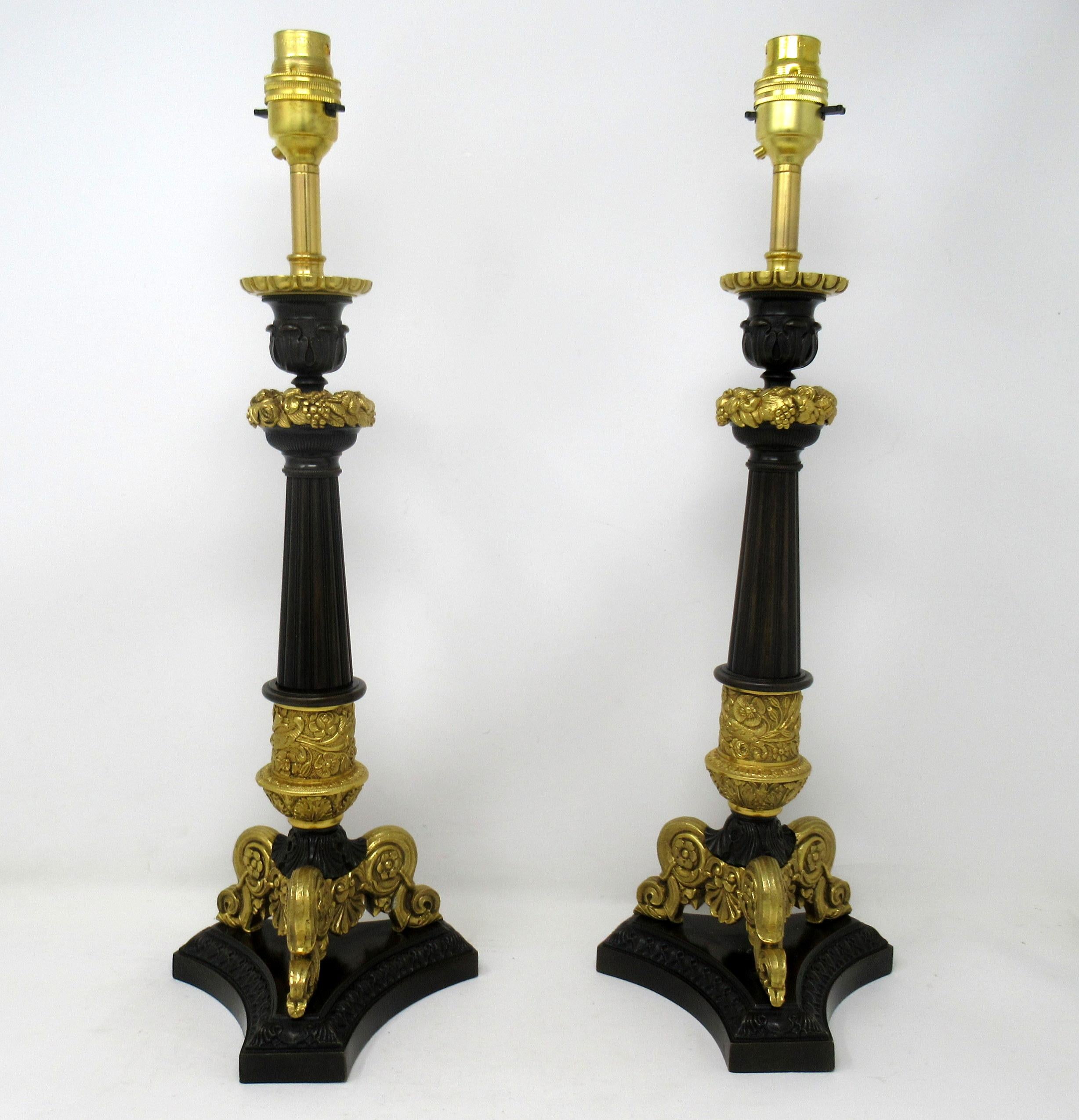 Early Victorian Antique Pair of French Doré Bronze Neoclassical Ormolu Candlestick Lamps