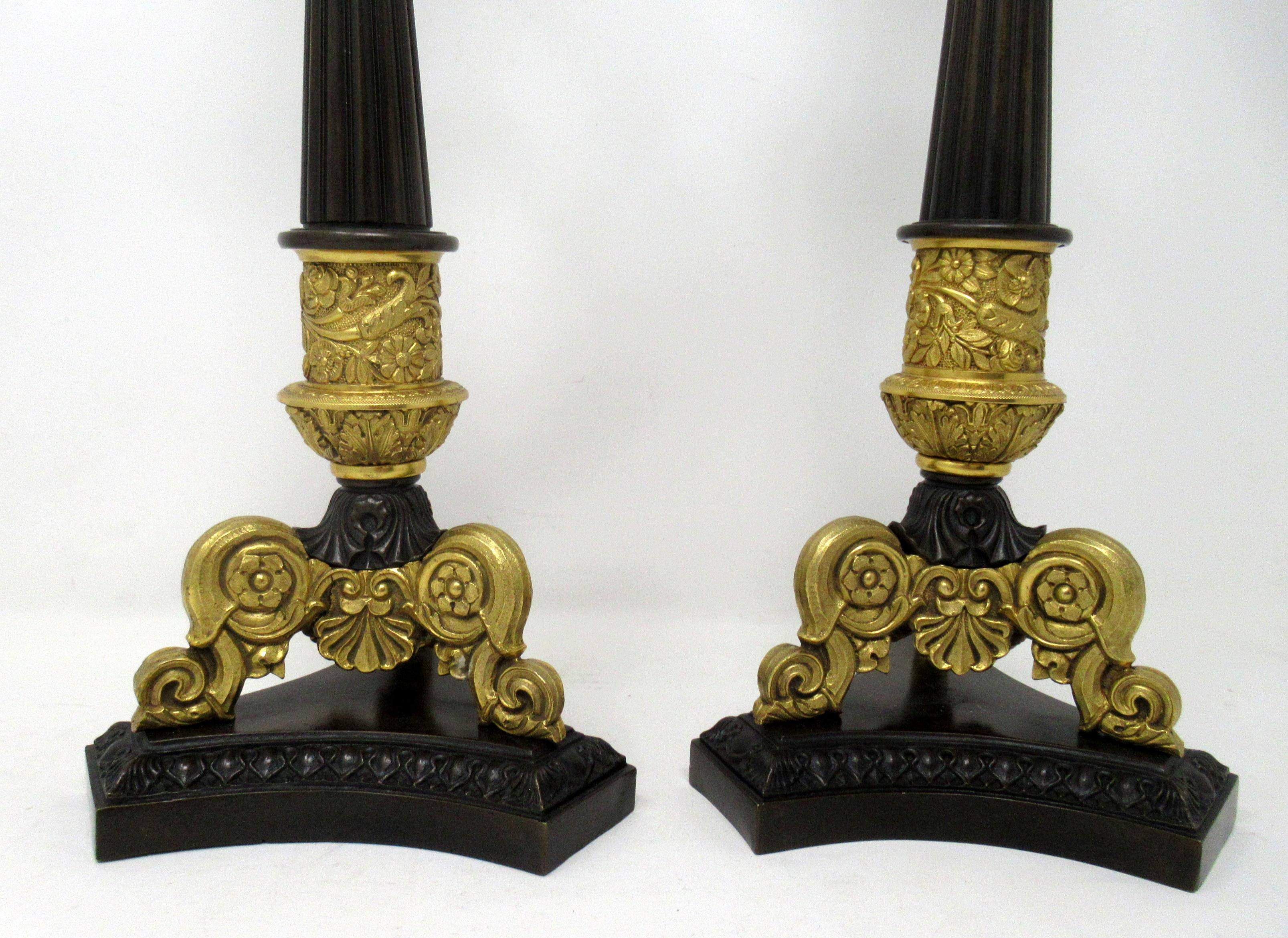 Antique Pair of French Doré Bronze Neoclassical Ormolu Candlestick Lamps In Good Condition In Dublin, Ireland