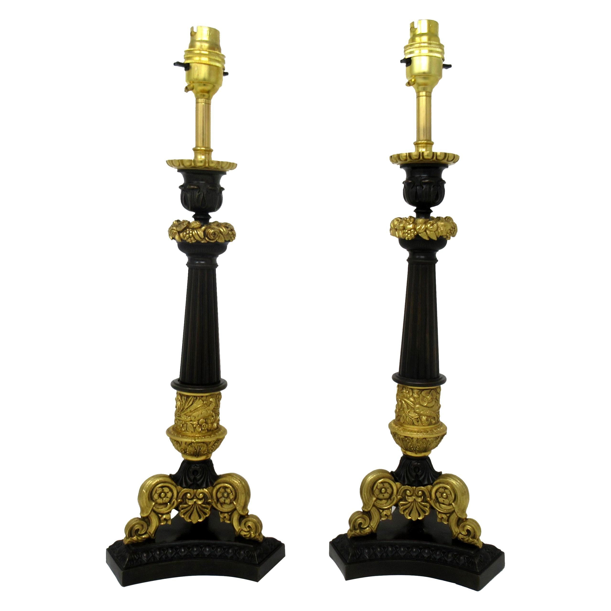 Antique Pair of French Doré Bronze Neoclassical Ormolu Candlestick Lamps