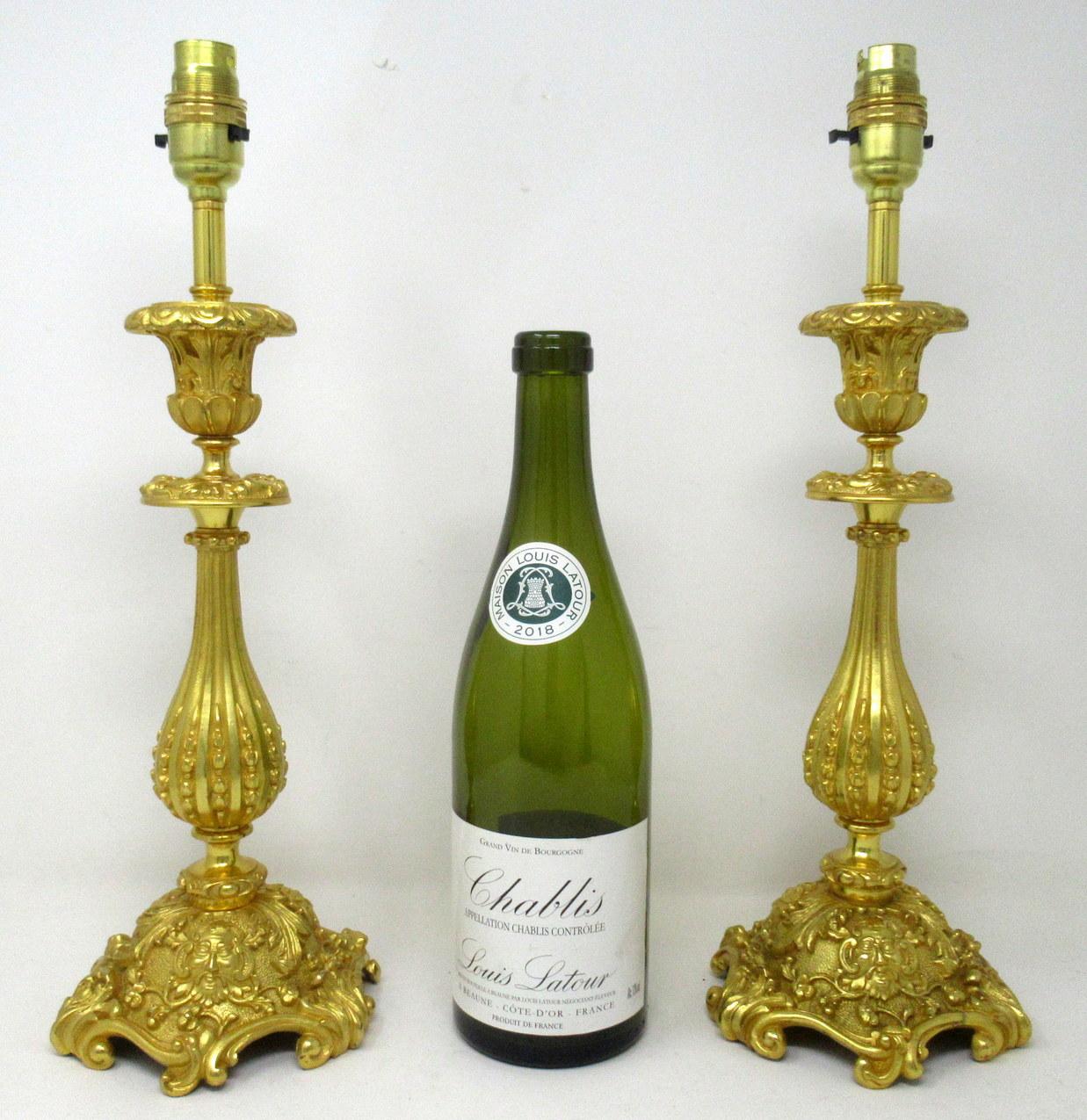 Antique Pair of French Doré Bronze Neoclassical Ormolu Gilt Candlestick Lamps 5