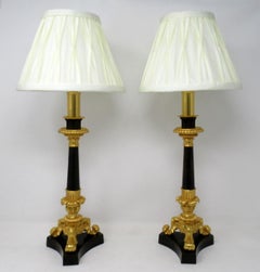 Antique Pair of French Doré Bronze Neoclassical Ormolu Gilt Candlestick Lamps
