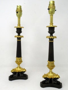 Antique Pair of French Doré Bronze Neoclassical Ormolu Gilt Candlestick Lamps