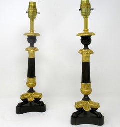 Antique Pair of French Doré Bronze Neoclassical Ormolu Gilt Candlestick Lamps