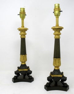 Antique Pair of French Doré Bronze Neoclassical Ormolu Gilt Candlestick Lamps