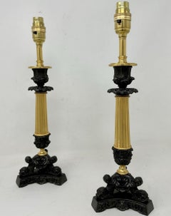 Antique Pair of French Doré Bronze Neoclassical Ormolu Gilt Candlestick Lamps