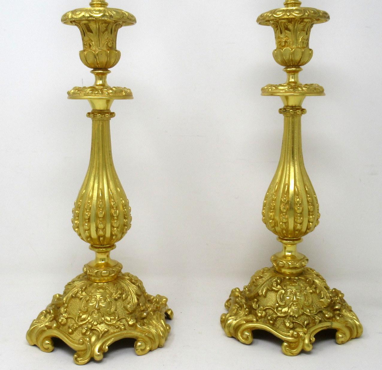 Early Victorian Antique Pair of French Doré Bronze Neoclassical Ormolu Gilt Candlestick Lamps