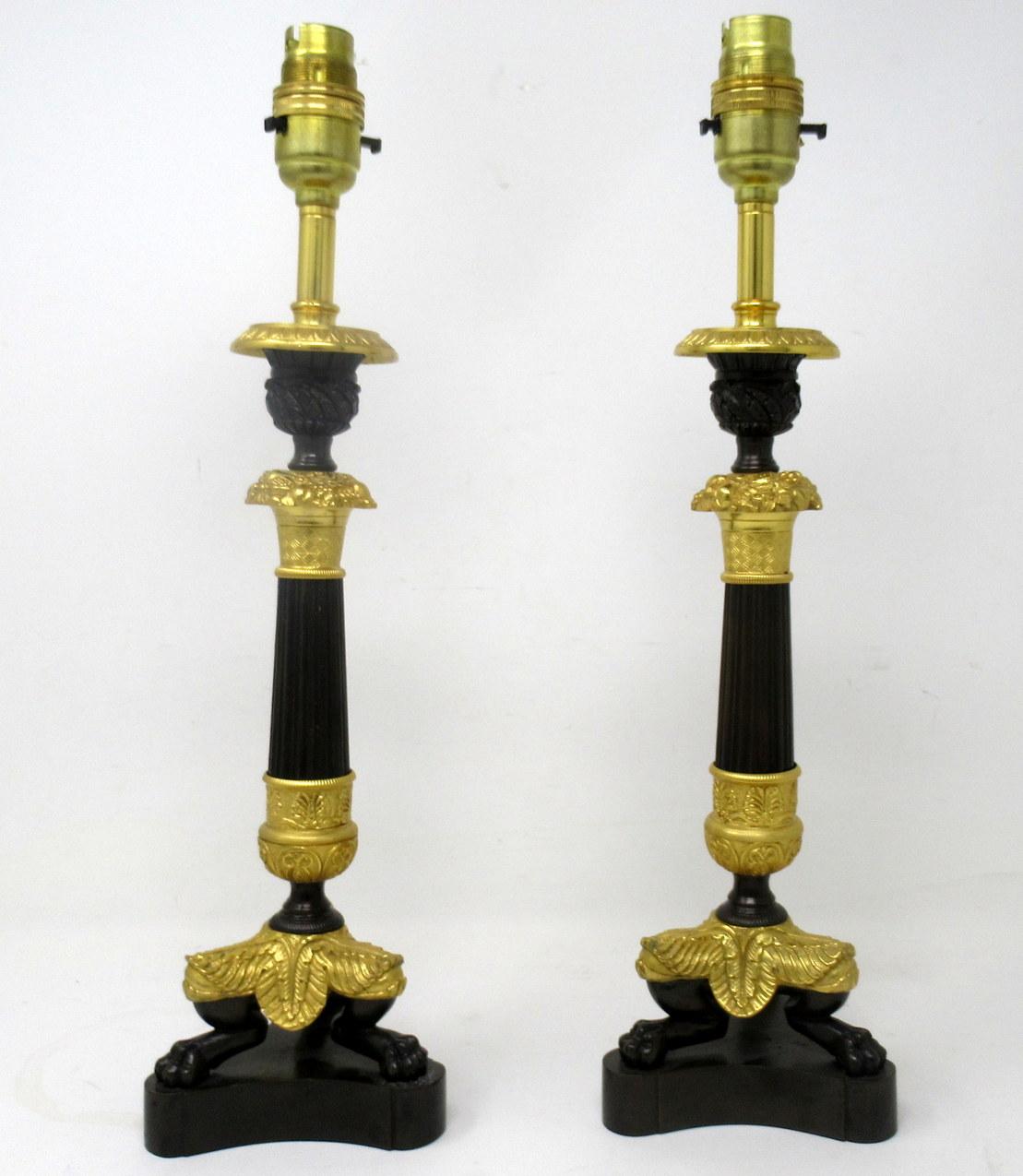 Early Victorian Antique Pair of French Doré Bronze Neoclassical Ormolu Gilt Candlestick Lamps